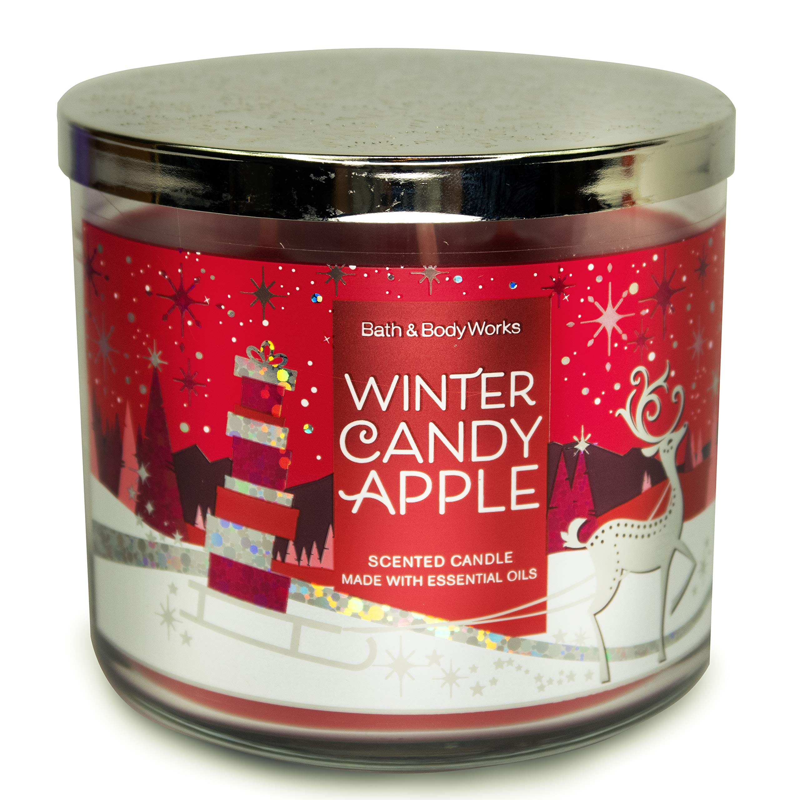 White Barn Bath and Body Works, 3-Wick Candle w/Essential Oils - 14.5 oz - 2020 Holidays Scents! (Winter Candy Apple), Red Soy Wax, Red and White Jar Print, Gold Lid, Transparent Glass