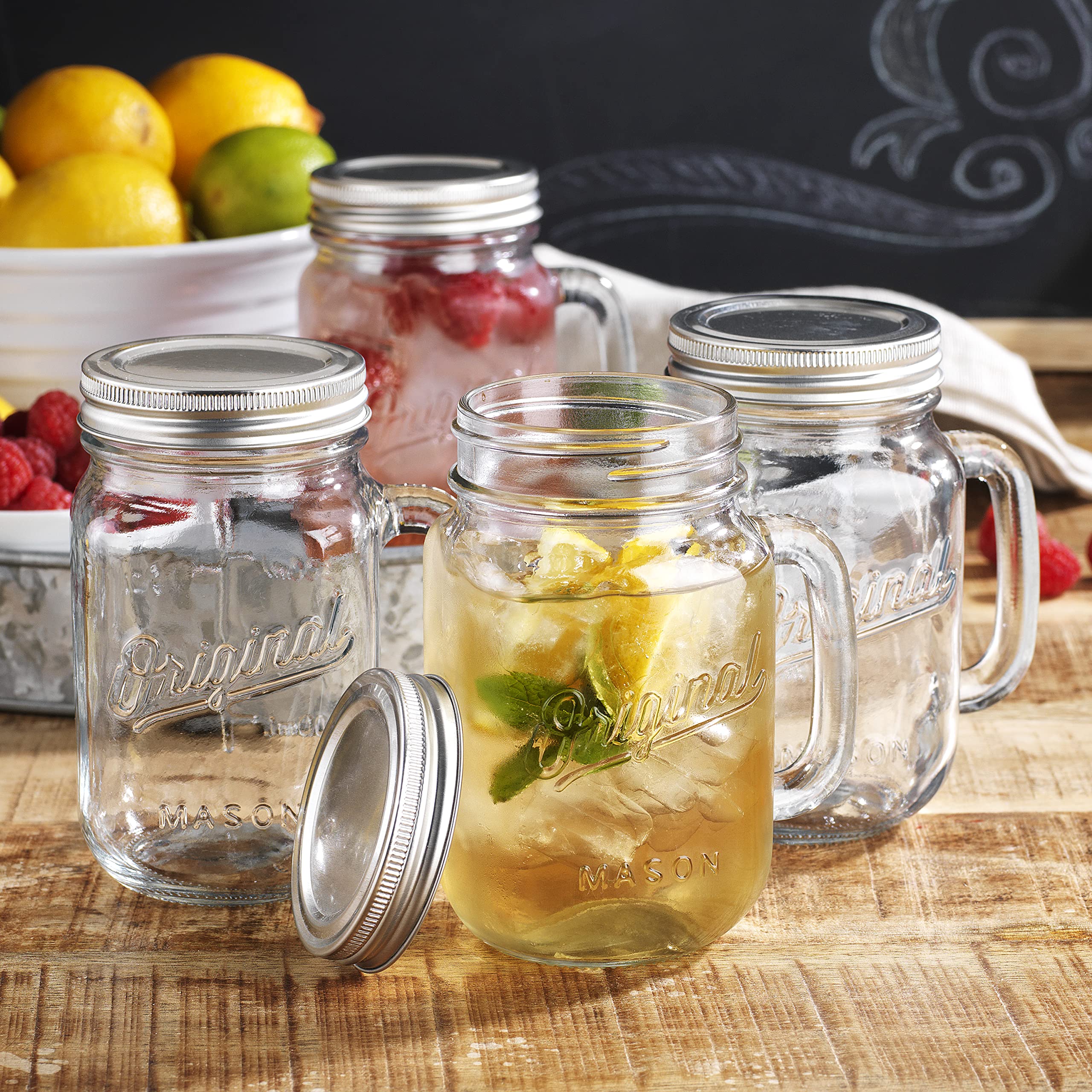 Mason Jar 16 Oz. Glass Mugs with Handle and Lid Set Of 4 - Home Essentials & Beyond - Old Fashioned Drinking Glass Bottles Original Mason Jar Pint Sized Cup Set.  - Acceptable