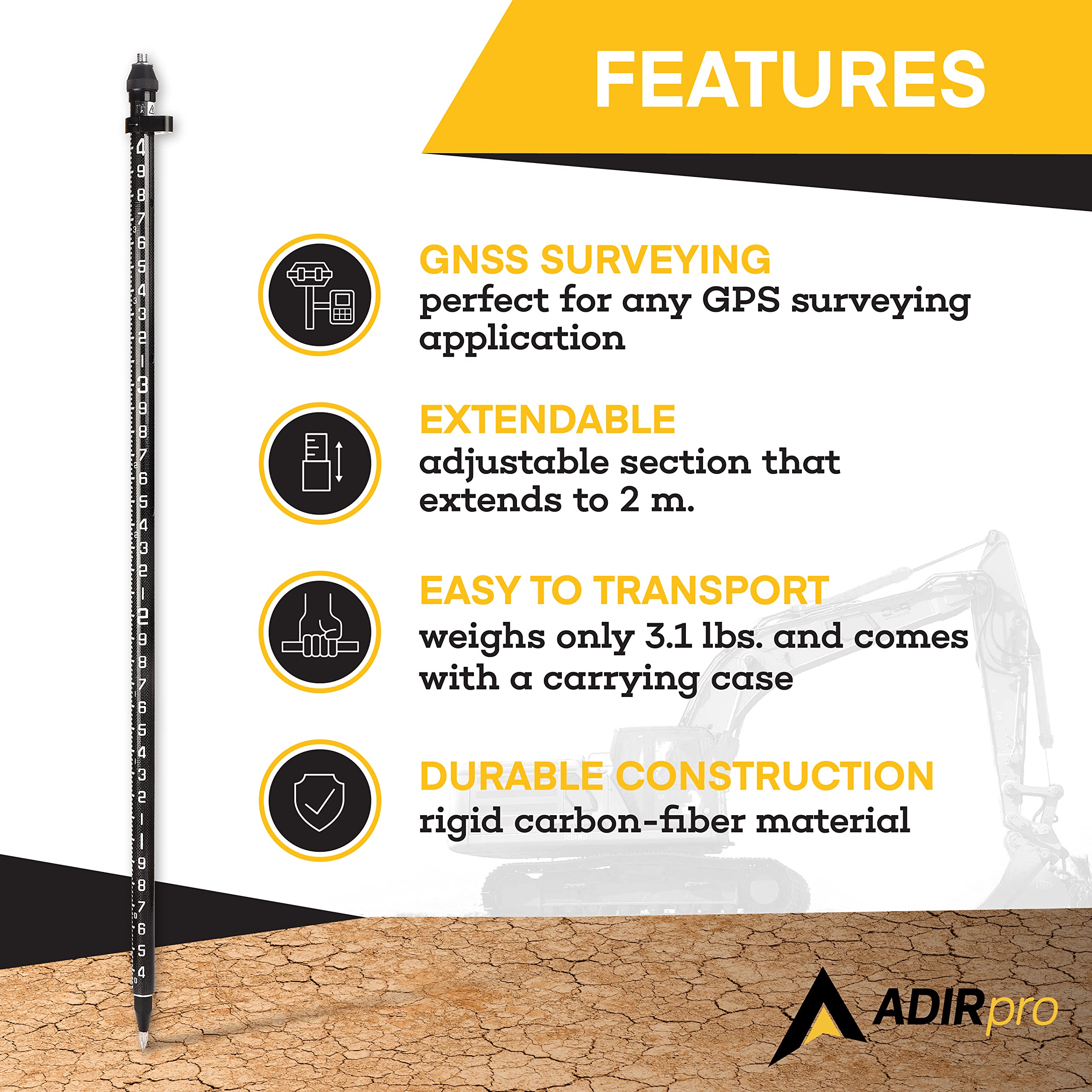 AdirPro 3-Position Snap-Lock Rover Rod � Carbon Fiber GPS Pole � 1 Piece Design with Outer GT Graduations for Land Surveying & Engineering - RTK GPS/GNSS Accessory  - Like New