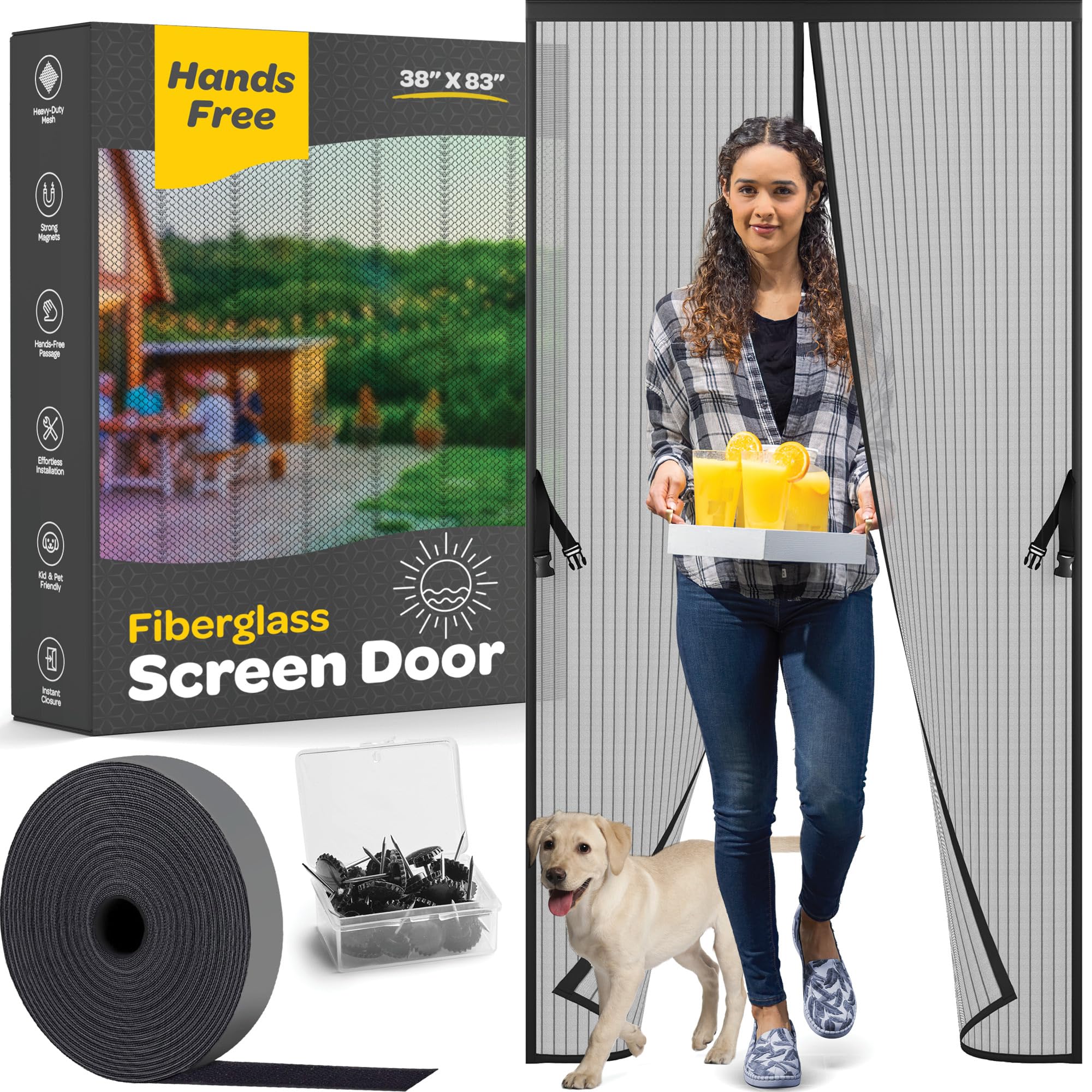 Hands-Free Magnetic Screen Door, Heavy Duty, Self Sealing Screen Door Mesh Protector, Pet and Kid-Friendly, Stay-Open Buckle, Fits Door Size (38" x 83") Keeps Bugs Out While…  - Like New