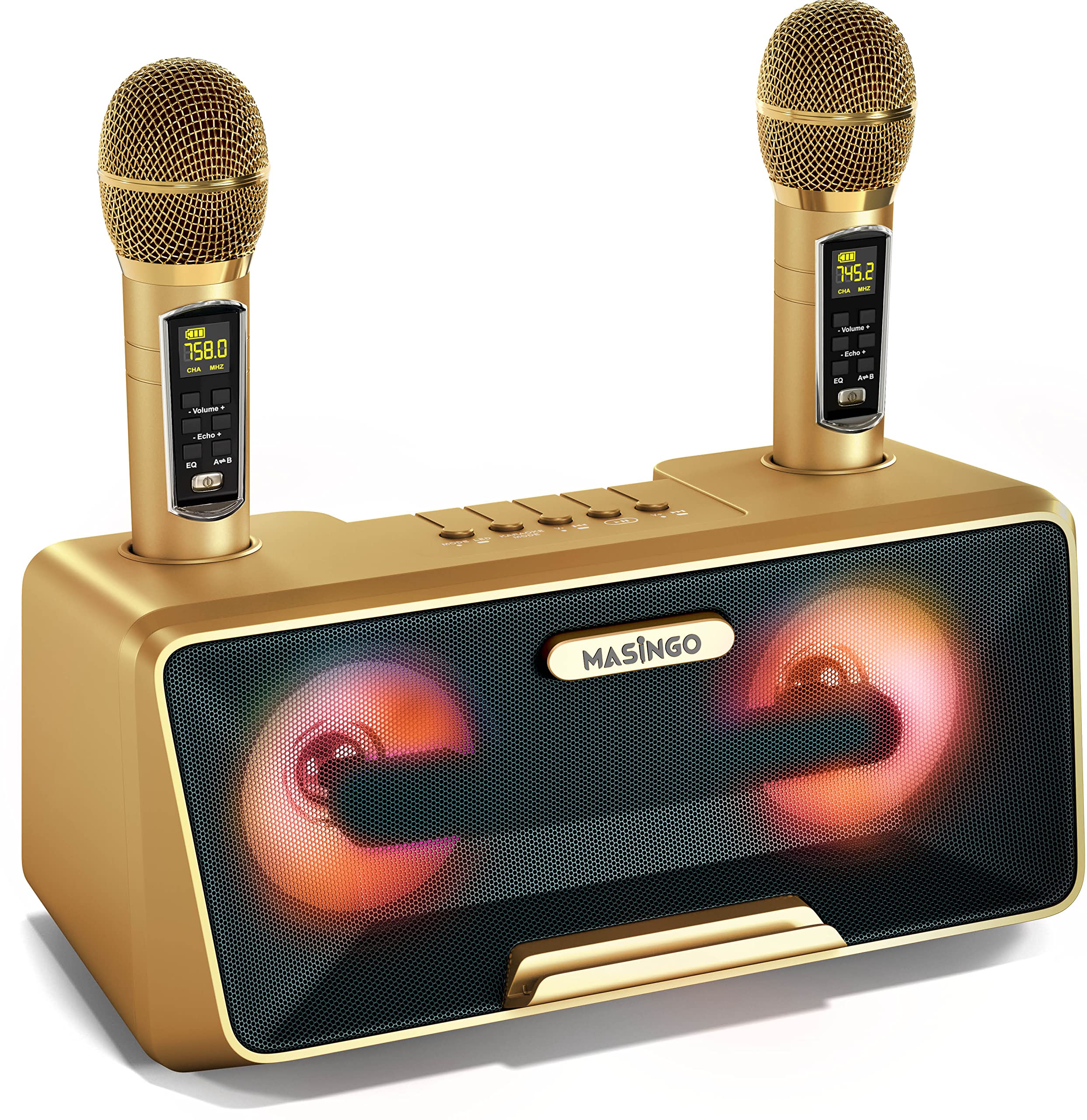 MASINGO Karaoke Machine for Adults and Kids with 2 Wireless Microphones, Portable Bluetooth Singing Speaker, Colorful LED Lights, PA System, Lyrics Display Holder, and TV Cable. Presto G2  - Like New