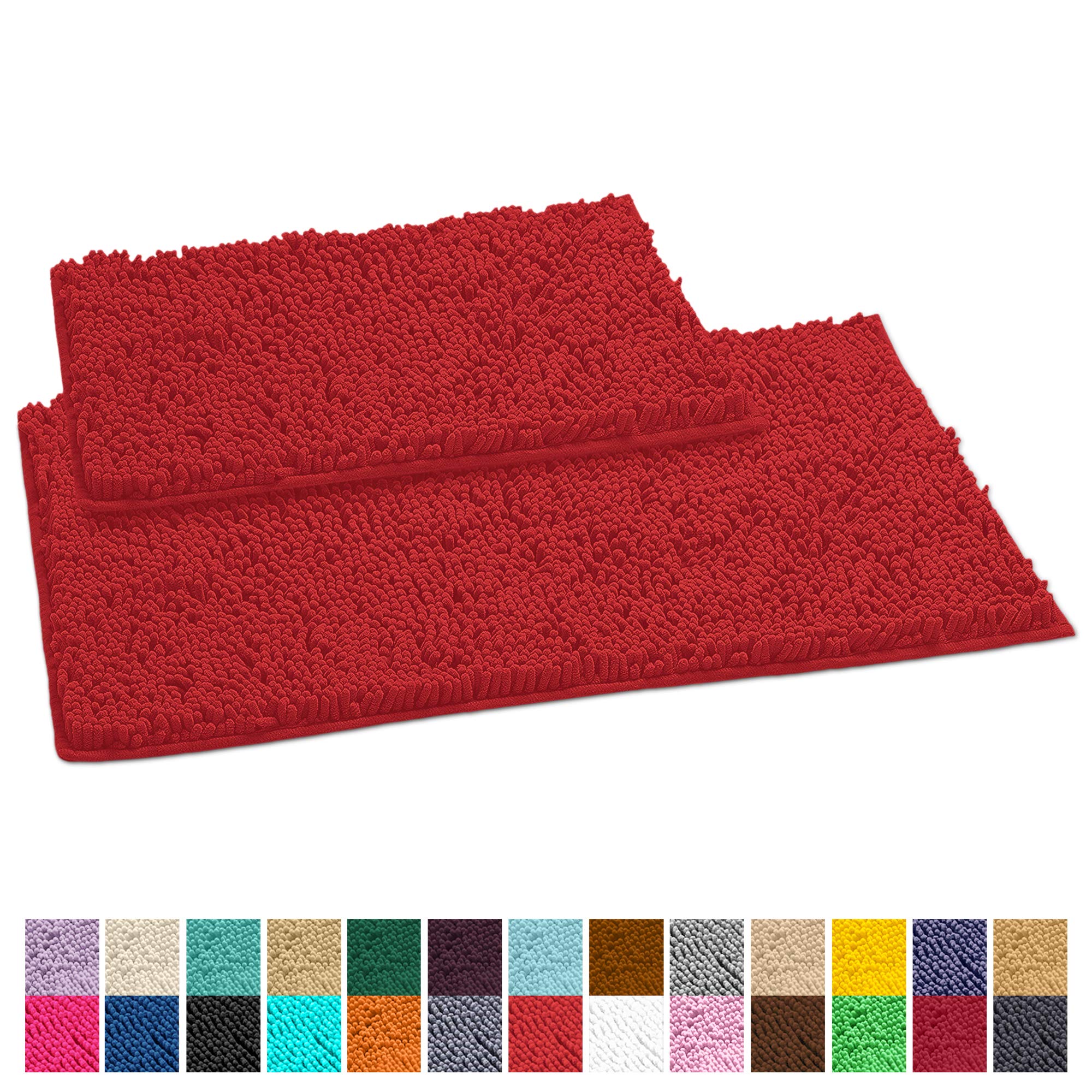 LUXURUX Red Bathroom Rugs Set-Extra-Soft Plush Bath mat Shower Bathroom Rugs,1'' Chenille Microfiber Material, Super Absorbent (Rectangular Set, Red)  - Like New