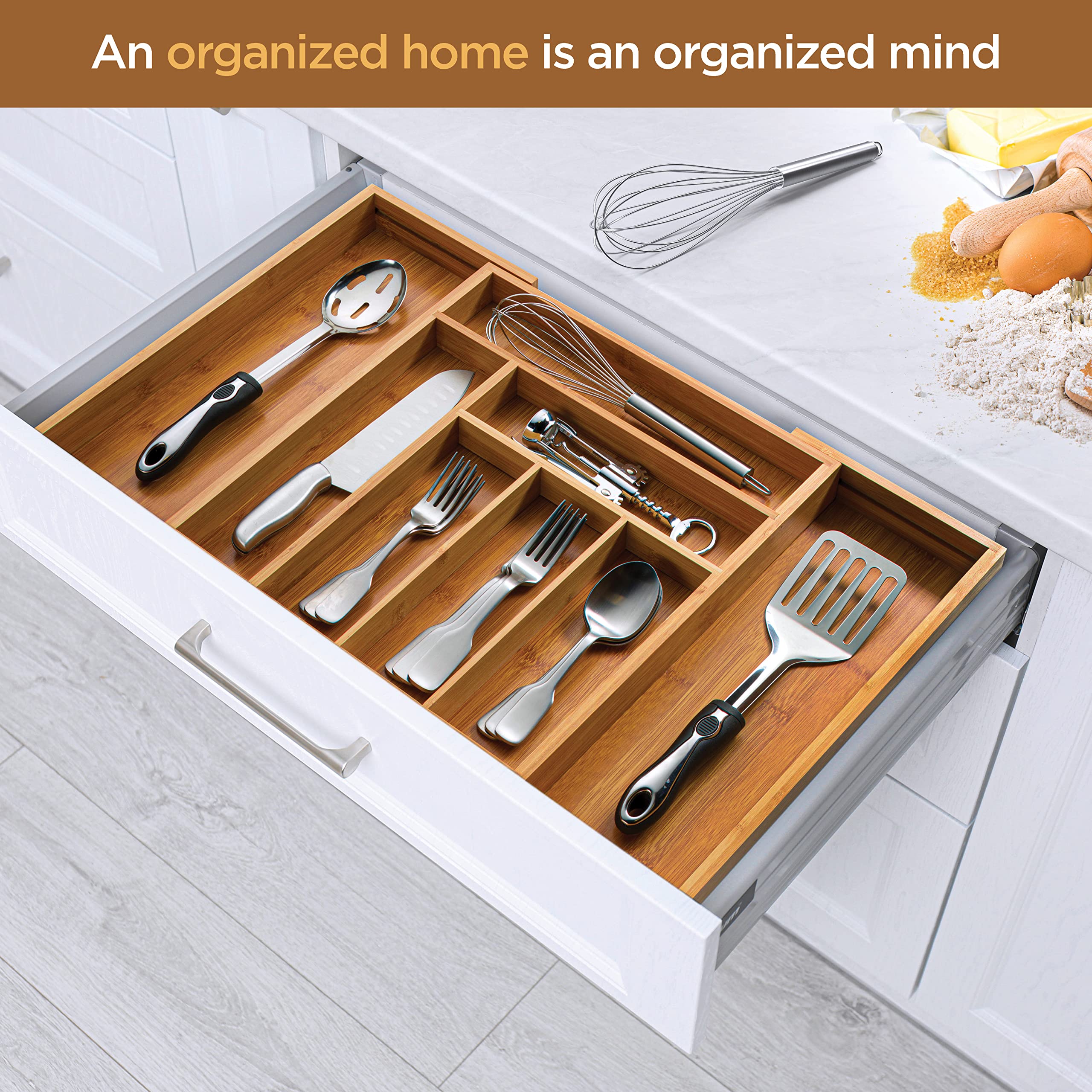 Utensil Organizer for Kitchen Drawers - Bamboo Silverware Organizer - Expandable Utensil Holder and Cutlery Tray with Divider and Removable Knife Block | 17” Long, Adjustable from 13” to 22.5”  - Very Good