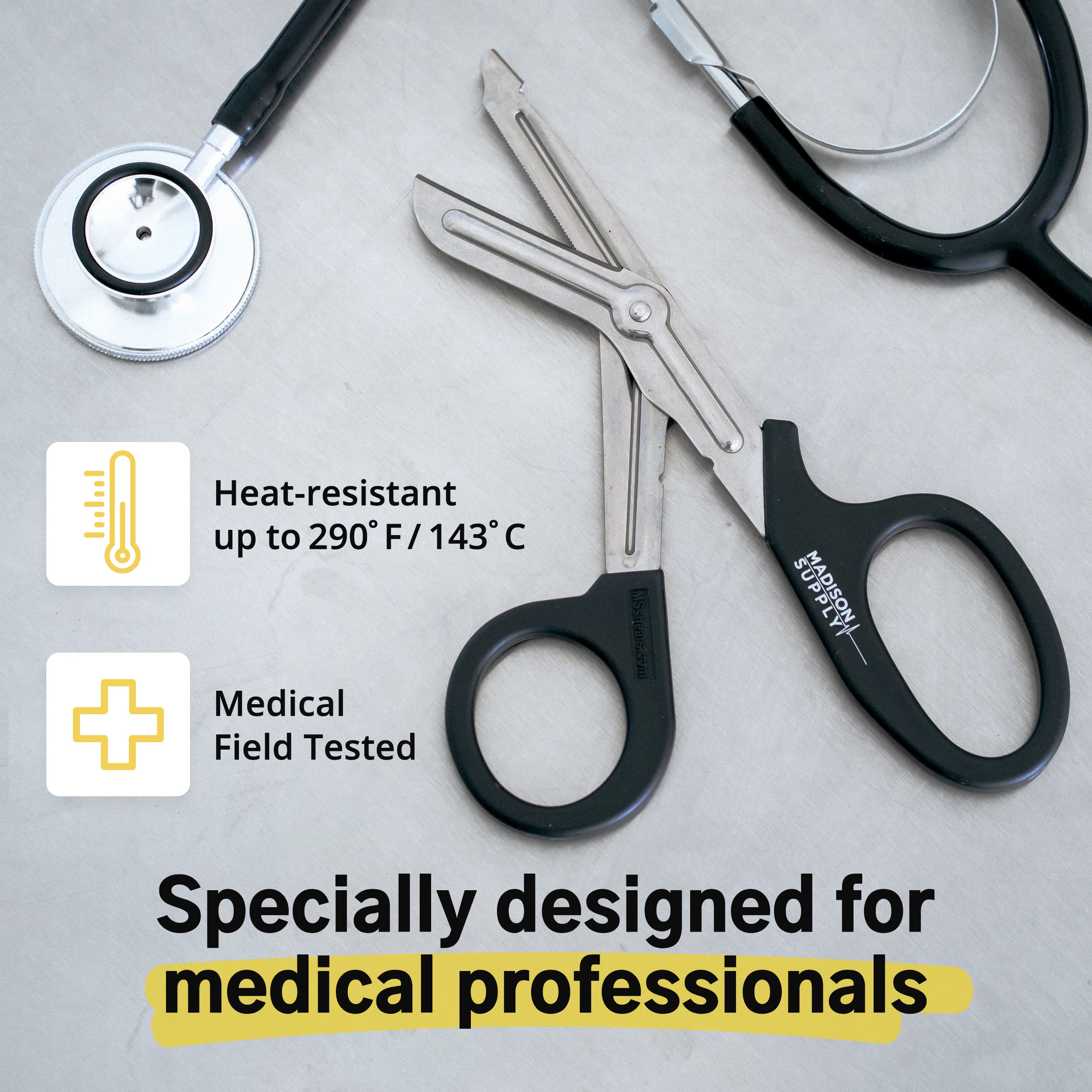 Madison Supply Medical Scissors, EMT and Trauma Shears - 7.5 Inch Premium Quality Stainless Steel Bandage Scissors - Fluoride-Coated with Non-Stick Blades - 1 Pack (Black/Stainless)  - Like New