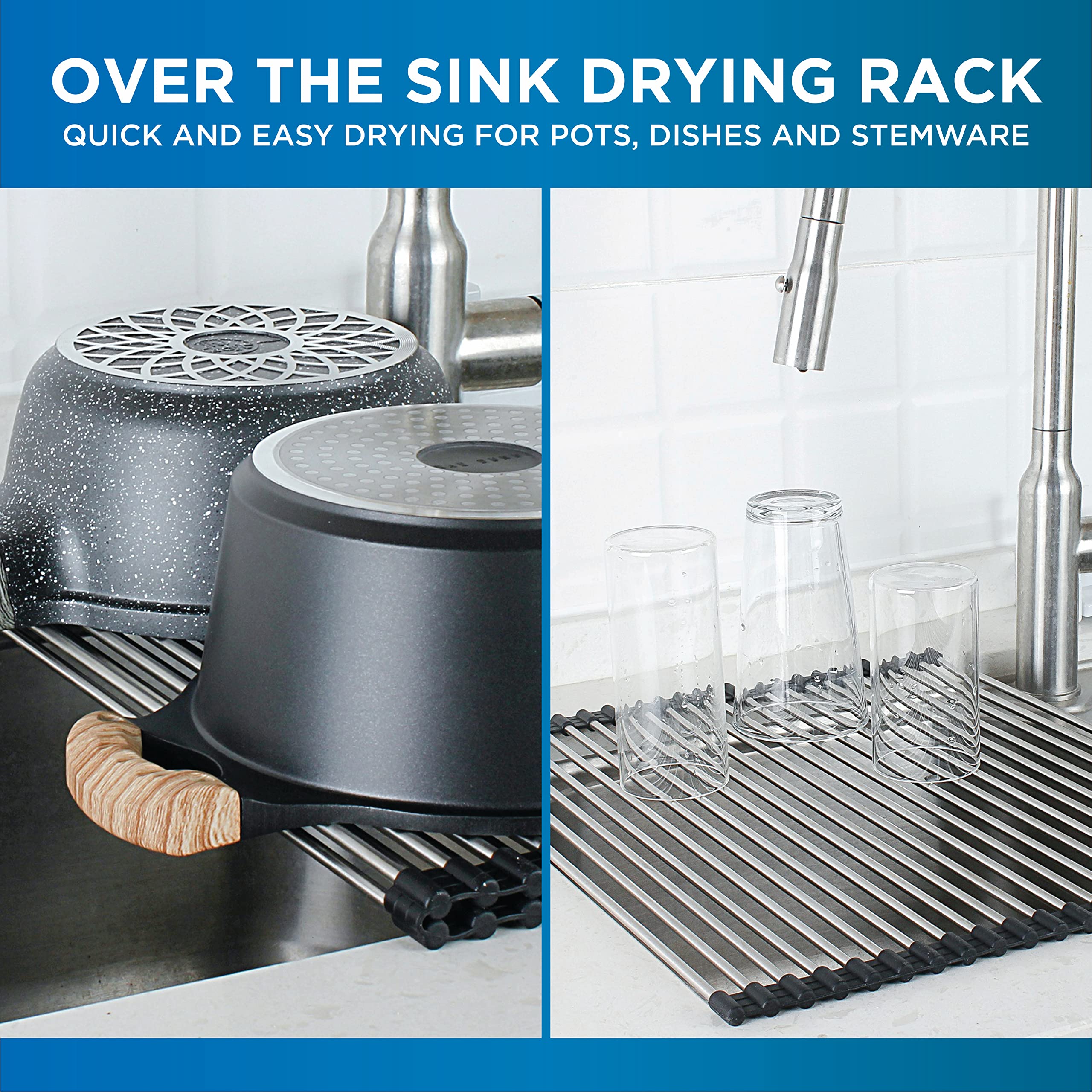 COOK WITH COLOR Roll Up Dish Rack- 2 Pack Over The Sink Mat for Drying Dishes - Silicone Wrapped Stainless Steel Rods (15" x 17.5") - Versatile Roll Up Trivet & Dish Drying Rack for Kitchen  - Like New