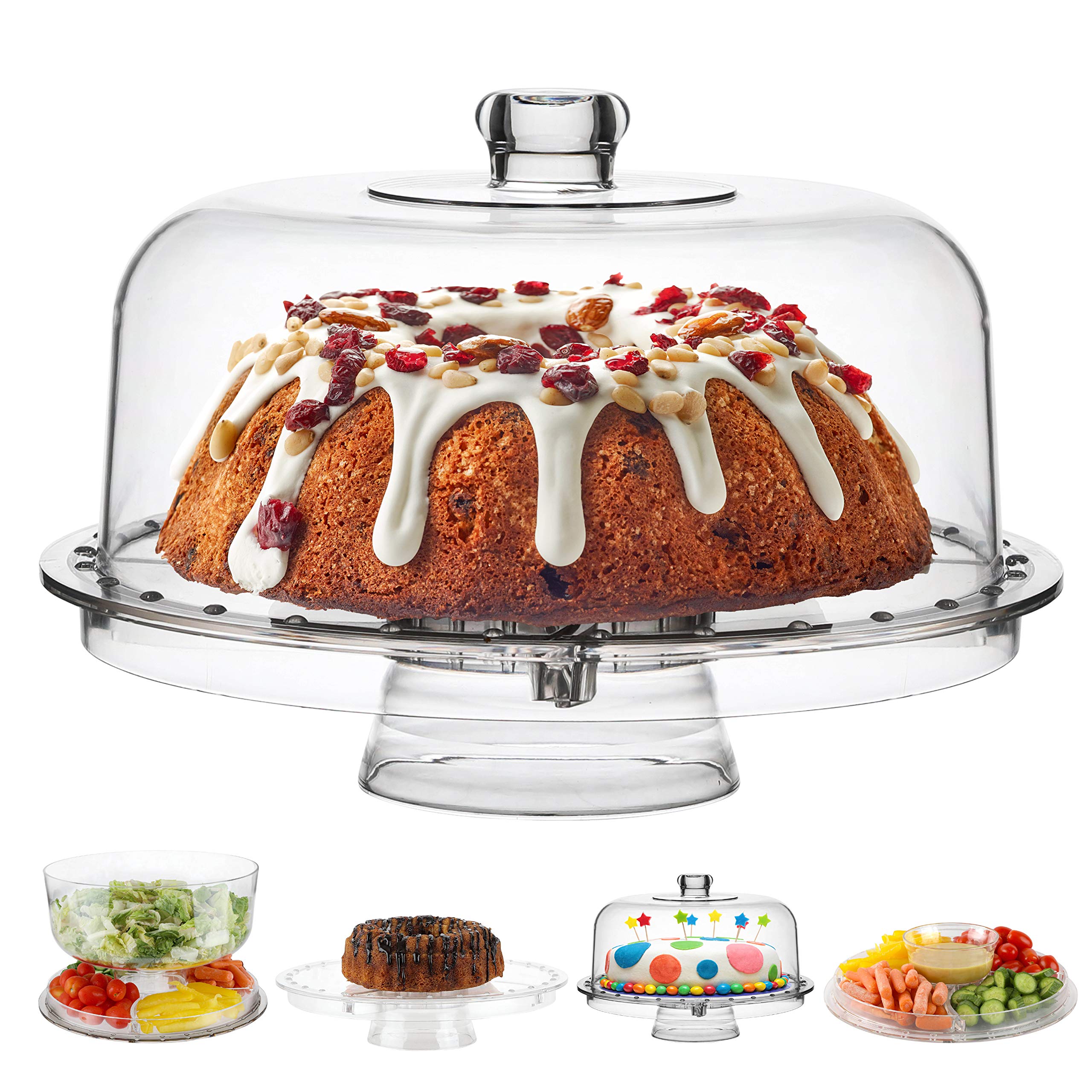Homeries Acrylic Cake Stand with Dome Cover (6 in 1) Multi-Functional Serving Platter and Cake Plate - Use as Cake Holder, Salad Bowl, Platter, Punch Bowl, Desert Platter, Nachos & Salsa Plate,  - Good