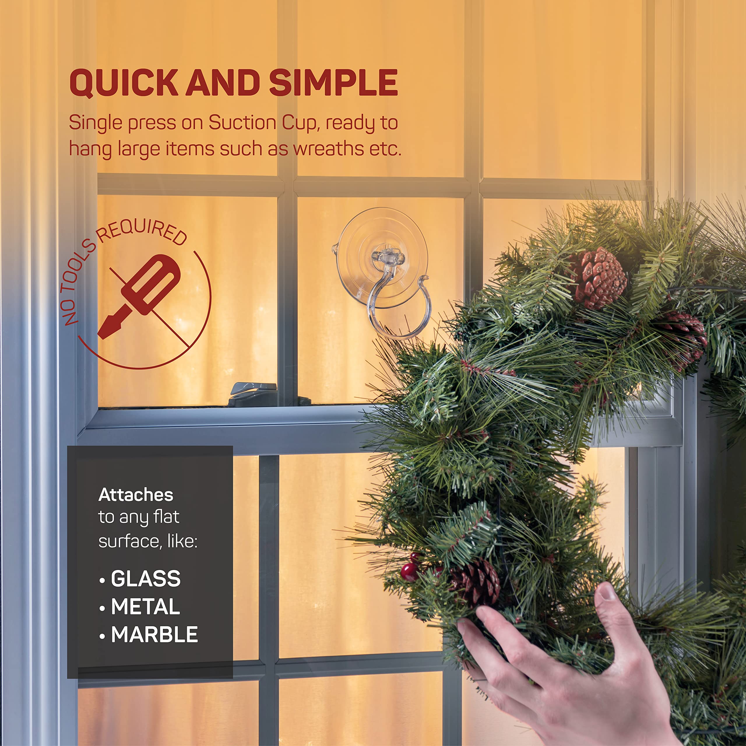 Christmas Wreath Hanger For Glass Front Door [Set of 6] Giant Suction Wreath Hanger, Hang Large or Heavy Wreaths Securely on Glass Doors and Windows up to 10 Lbs - Heavy Duty Wreath Holders - USA Made  - Very Good