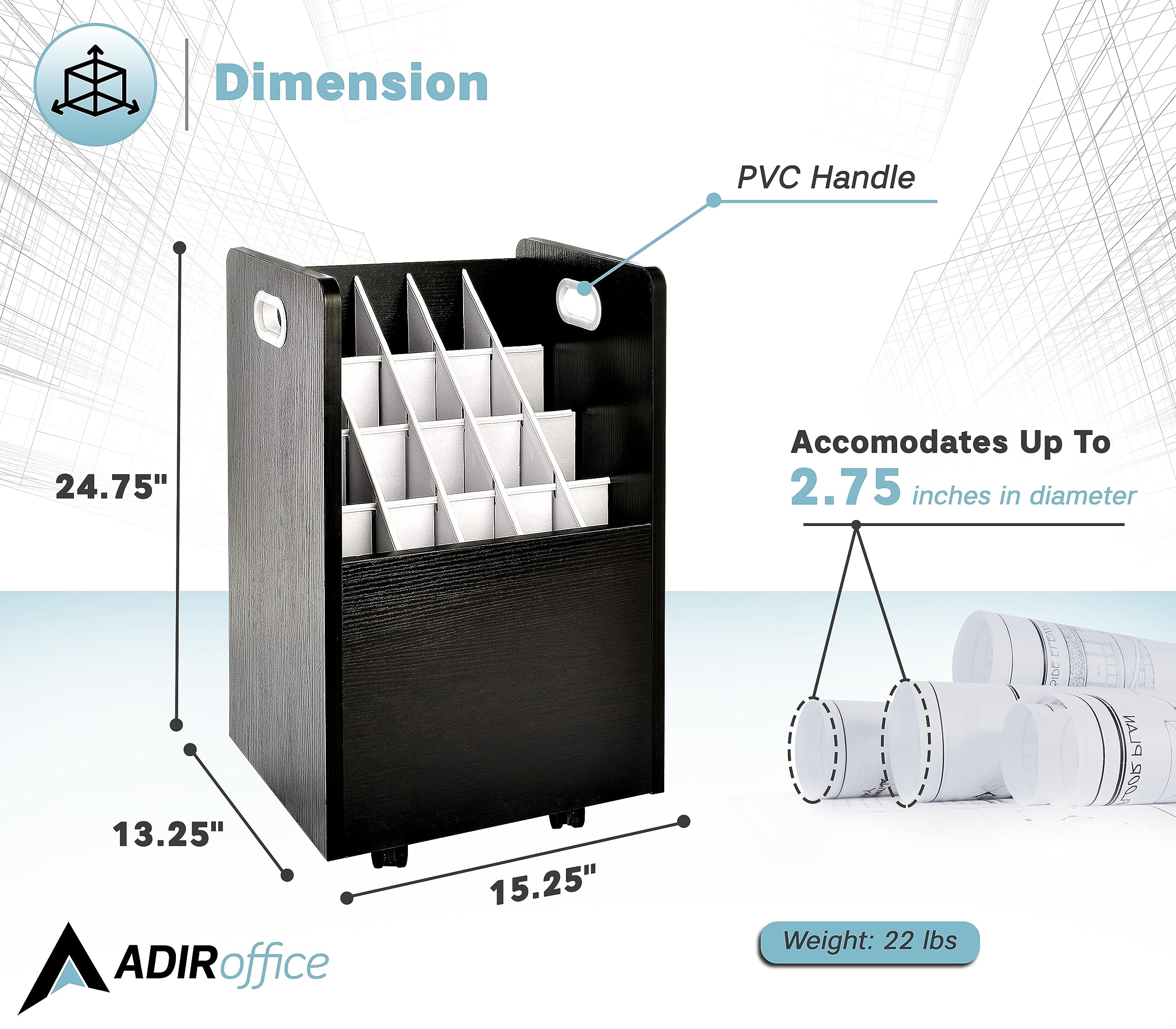 Adir Mobile Blueprint Roll File Holder - Mobile Roll File Organizer Cart for Home Office or School. 20,21,50 Slots Blueprint File Holder with Wheels for Maps, Plans, Posters  - Acceptable