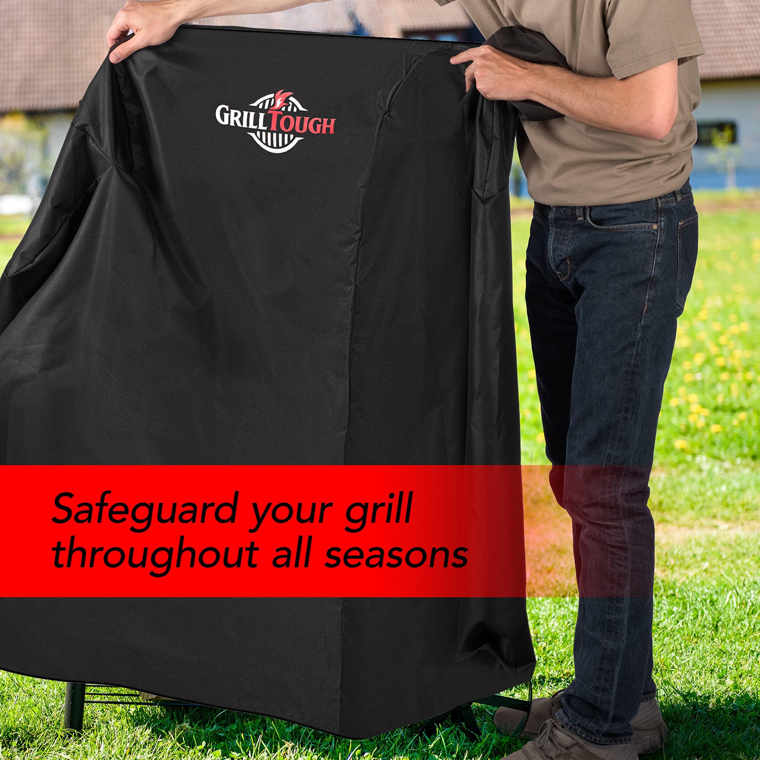 GrillTough Heavy Duty BBQ Grill Cover for Outdoor Grill – Waterproof, Weather Resistant, UV & Fade Resistant with Adjustable Straps – Gas Grill Cover for Weber, Genesis, Charbroil, etc.  - Like New