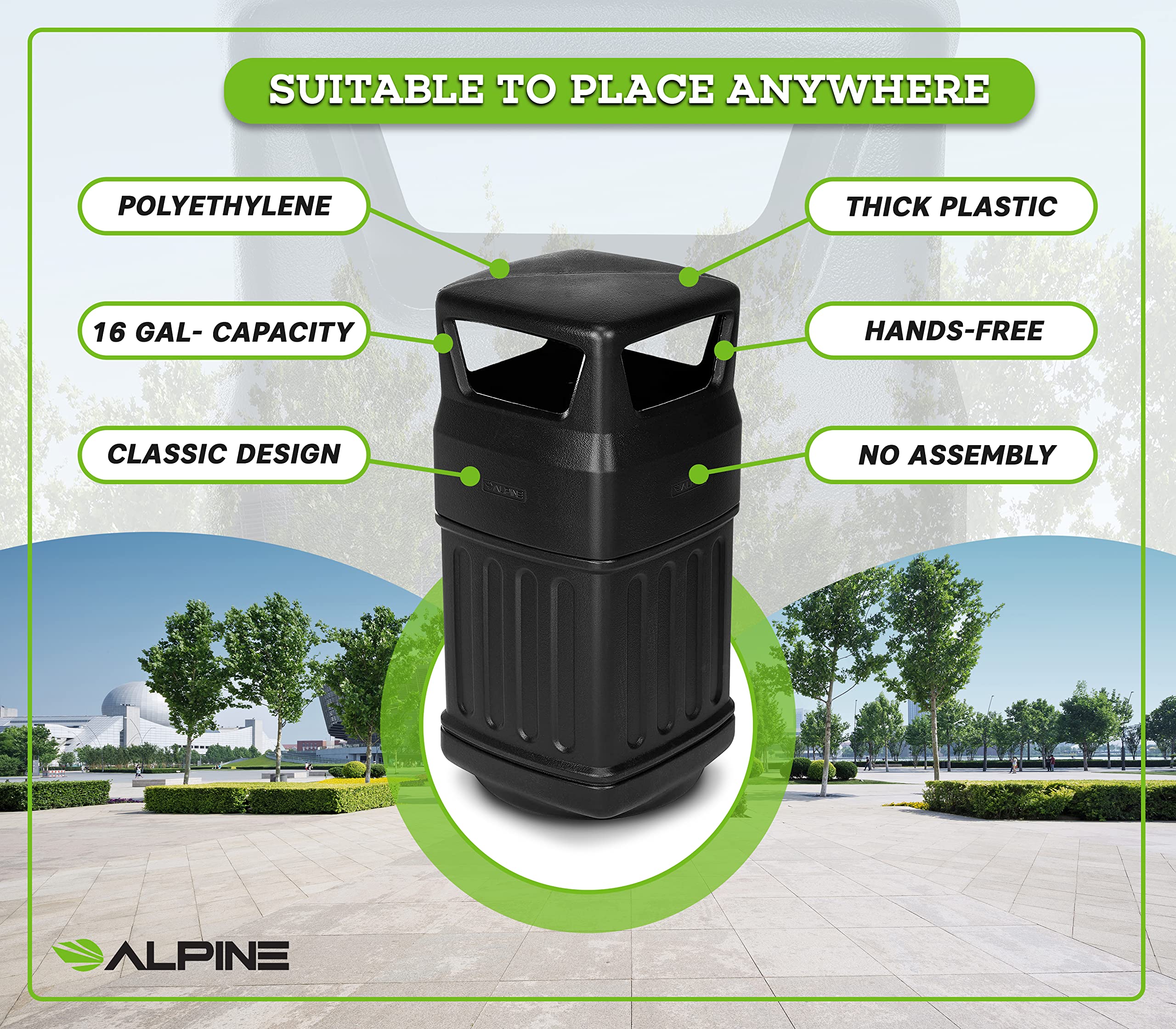 Alpine Industries Outdoor/Indoor Trash Can - Heavy Duty Garbage Can with Lid - Trash Bin for Home, Kitchen, and Bathroom - (16-Gallon Capacity) Variation  - Acceptable