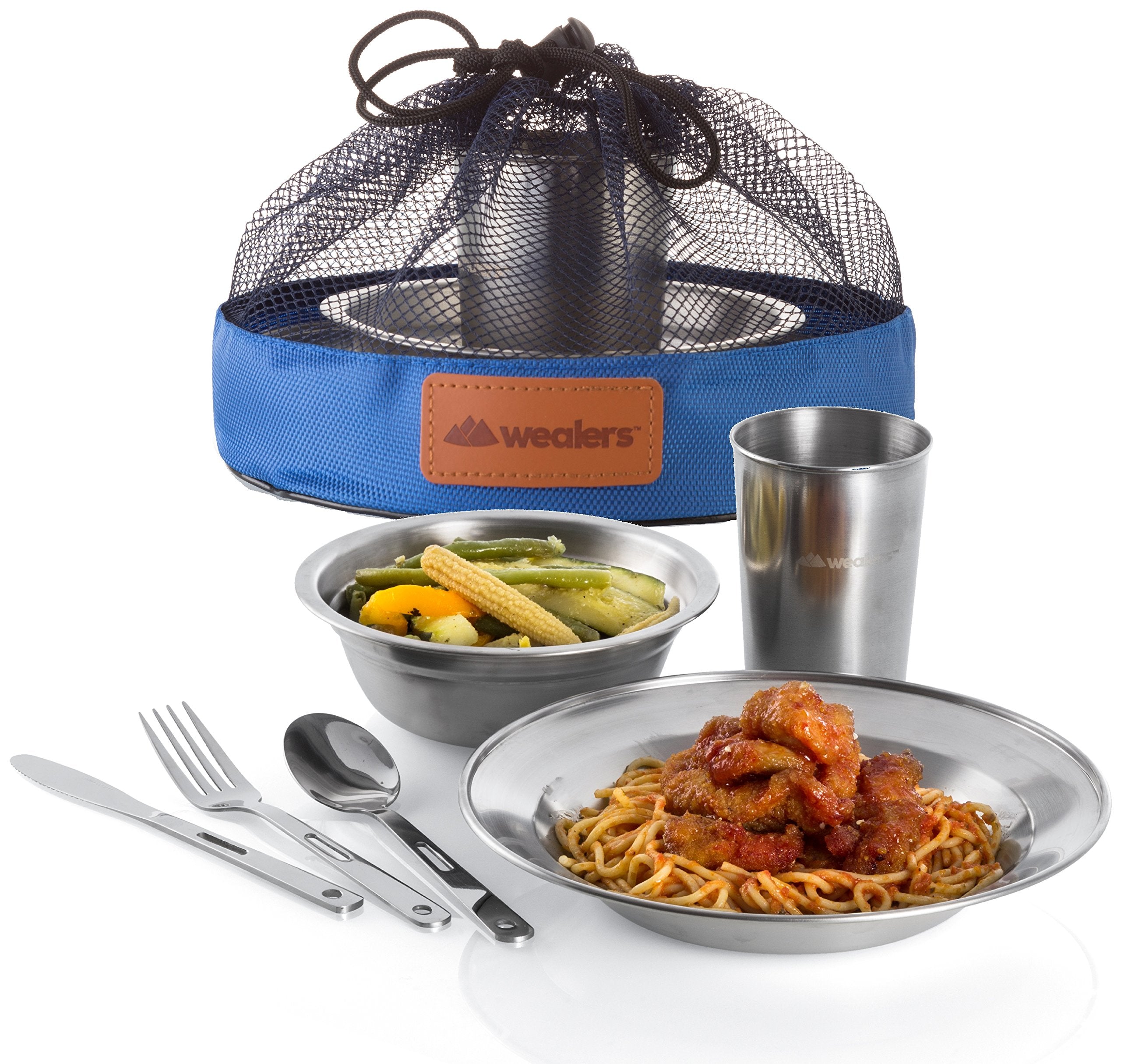 Unique Complete Messware Kit Polished Stainless Steel Dishes Set| Tableware| Dinnerware| Camping| Includes - Cups | Plates| Bowls| Cutlery| Comes in Mesh Bags  - Like New