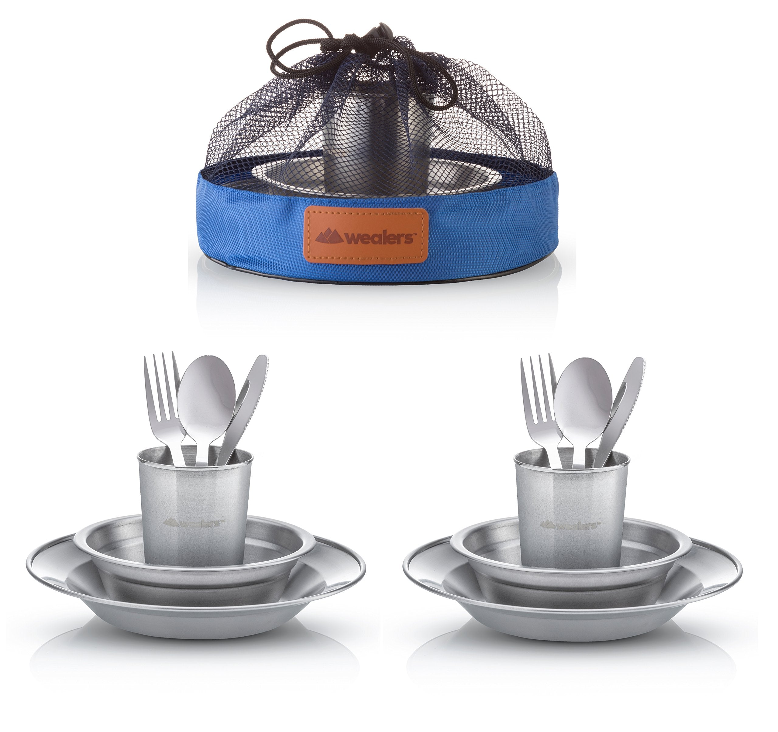 Unique Complete Messware Kit Polished Stainless Steel Dishes Set| Tableware| Dinnerware| Camping| Includes - Cups | Plates| Bowls| Cutlery| Comes in Mesh Bags  - Like New