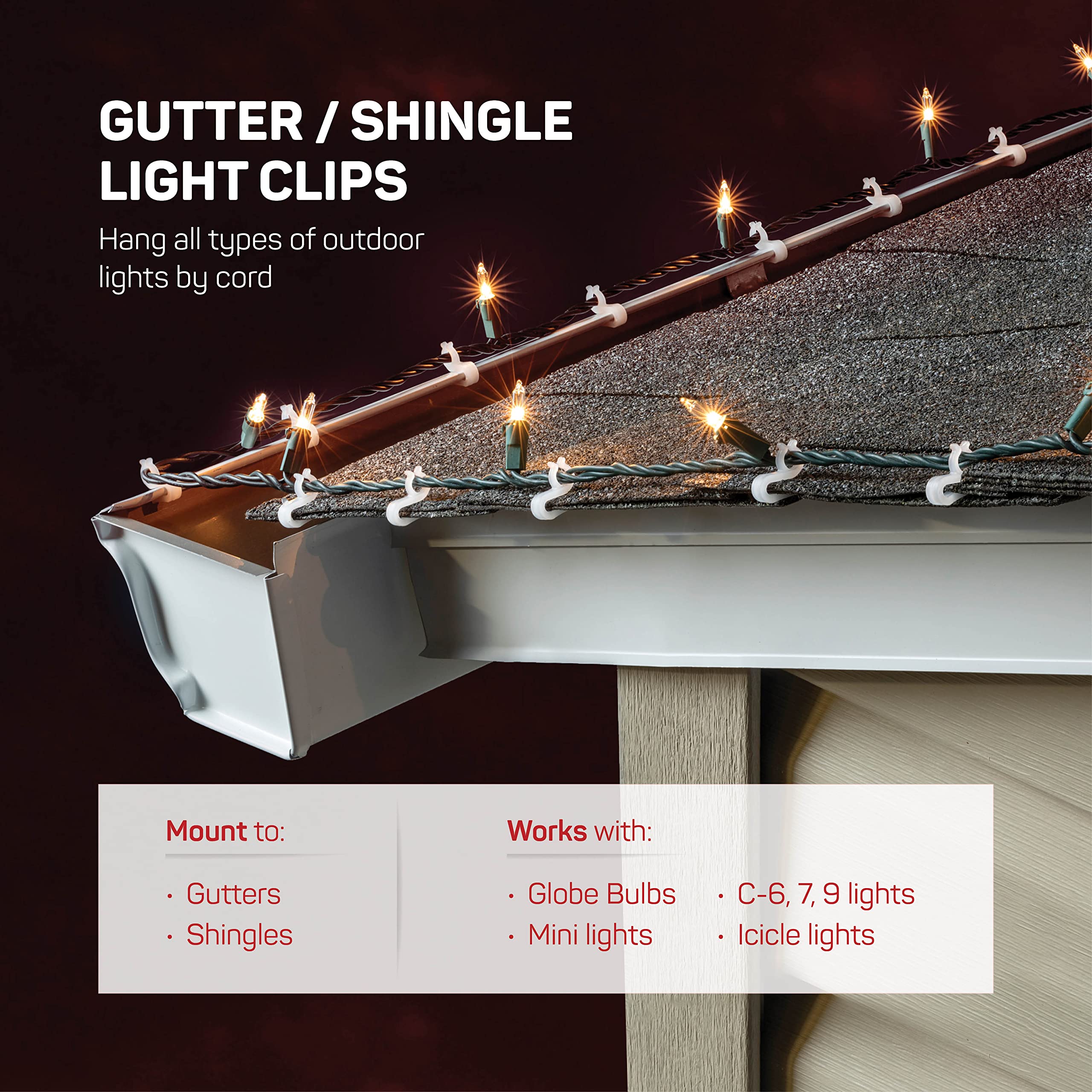 Christmas Light Clips - [Set of 200] Mini Light Clips For Christmas Lights - Light Clips For Gutters - Light Clips For Shingles - Gutter Clips For Hanging Outdoor Lights - USA Made - No Tools Required  - Very Good