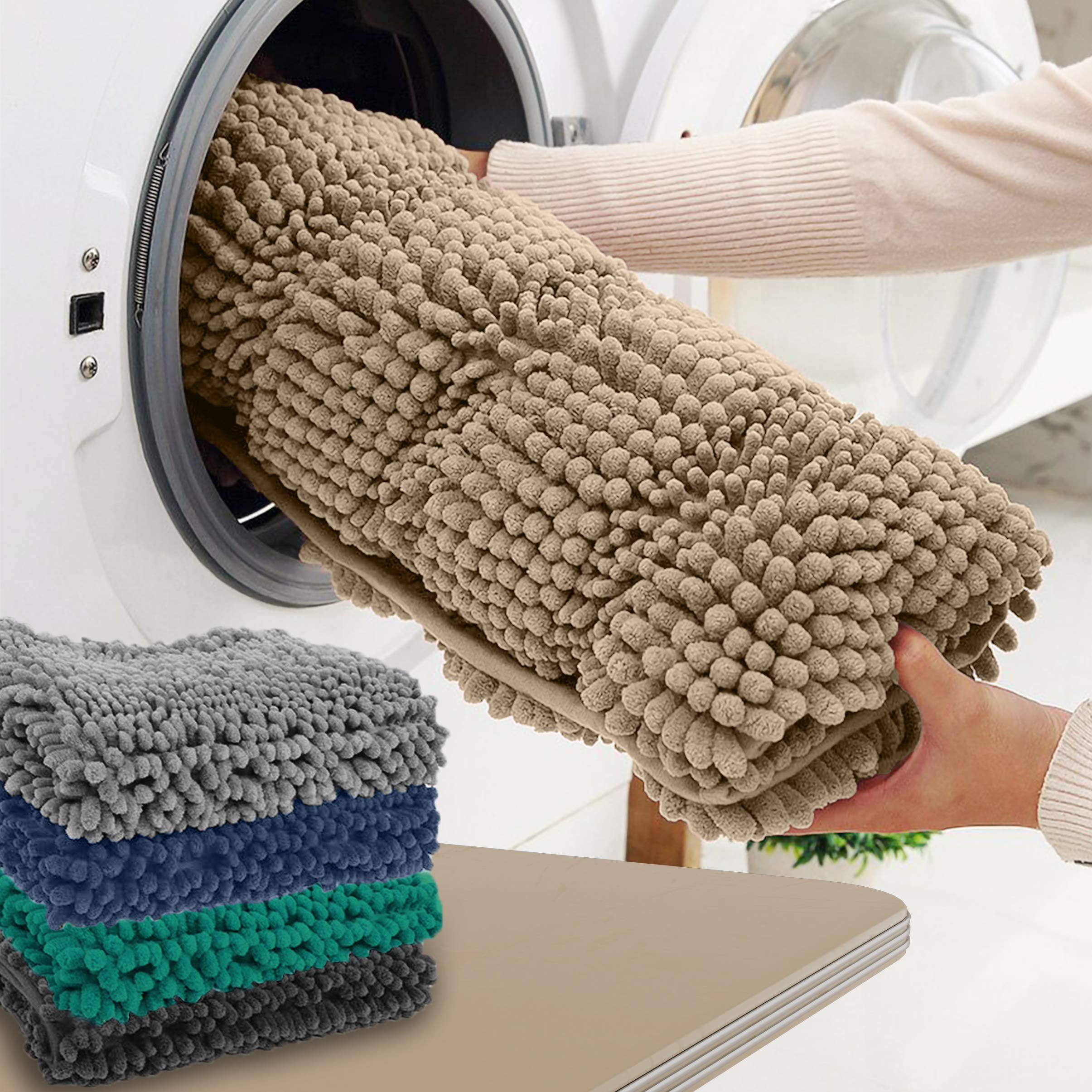 Zebrux Brown Bathroom Rugs Non Slip Thick Shaggy Chenille, Bath Mats for Bathroom Extra Soft and Absorbent - Striped Bath Rugs Set for Indoor/Kitchen  - Good