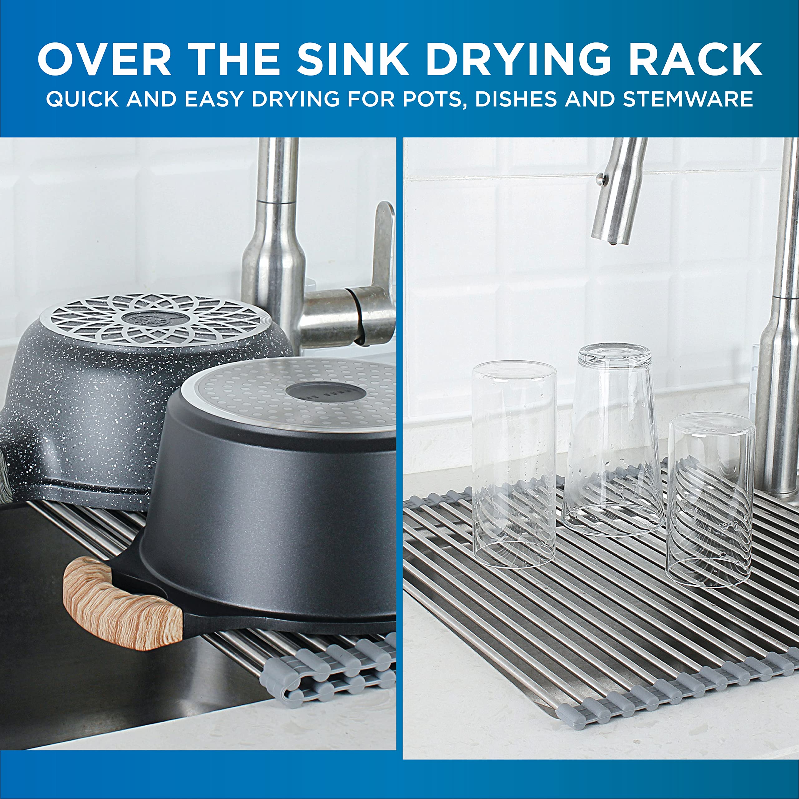 COOK WITH COLOR Roll Up Dish Rack- 2 Pack Over The Sink Mat for Drying Dishes - Silicone Wrapped Stainless Steel Rods (15" x 17.5") - Versatile Roll Up Trivet & Dish Drying Rack for Kitchen  - Like New