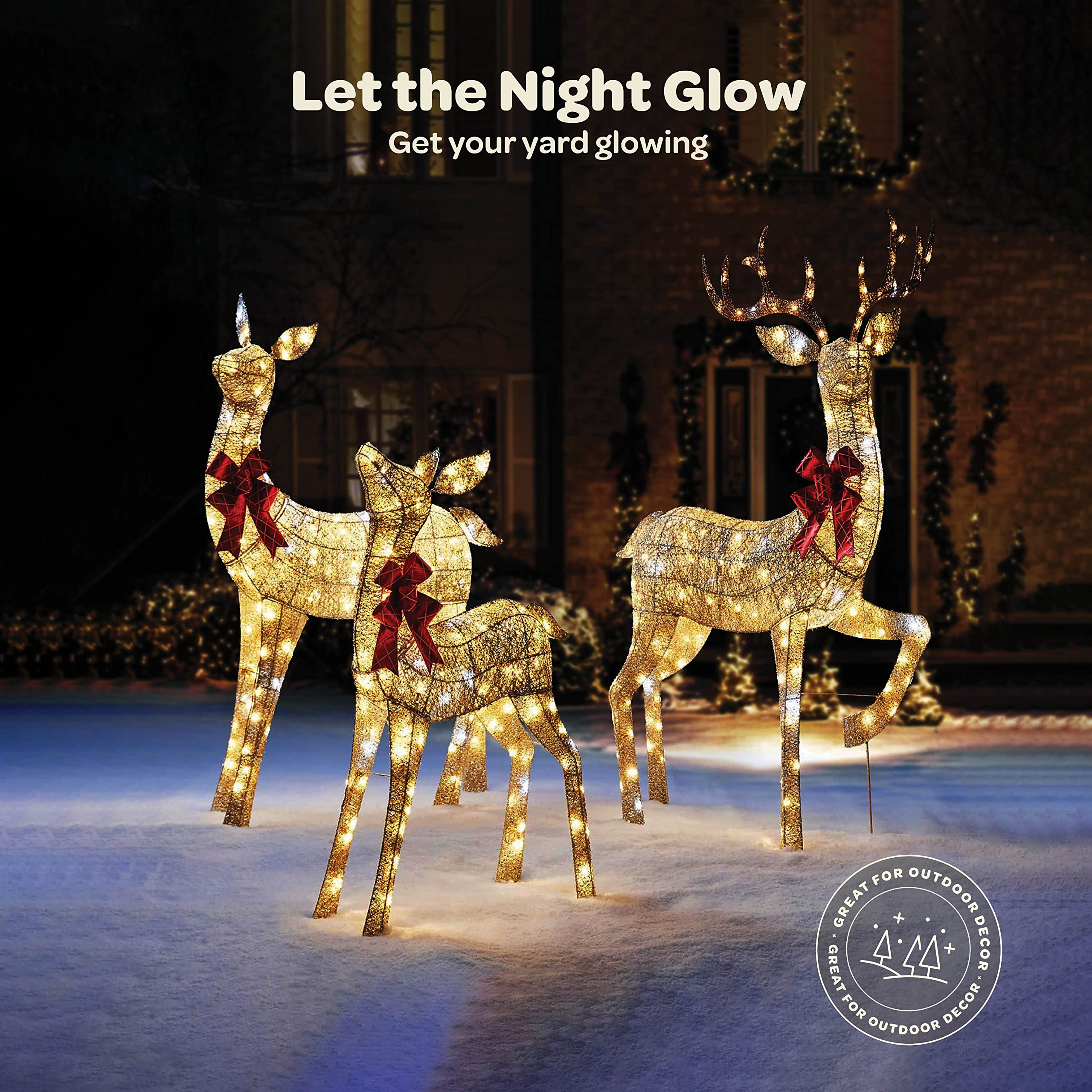 Impressive Reindeer Christmas Decoration Family [Set of 3] Lighted with 365 LED Lights Large all-Weather Christmas Outdoor Decoration Display (Buck Doe and Fawn) With Red Bows/Tie-Down Stakes - Gold. christmas decorations outdoor reindeer  - Very Good