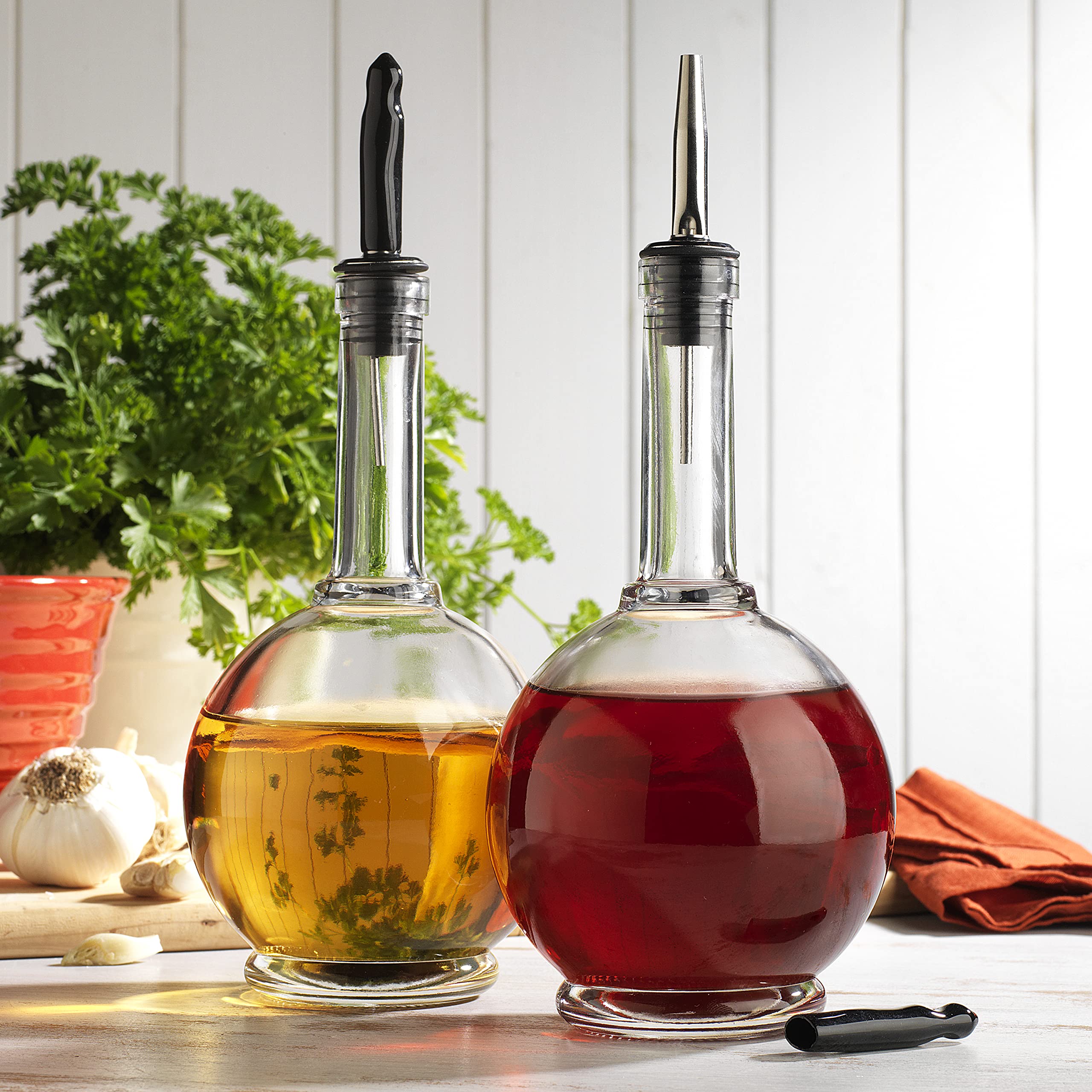 MosJos Oil and Vinegar Dispenser Set - 17 oz Ribbed Glass Olive Oil & Vinegar Cruet Set - Non-Drip, BPA-Free, Dishwasher Friendly Bottles with Stainless Steel Spouts  - Good