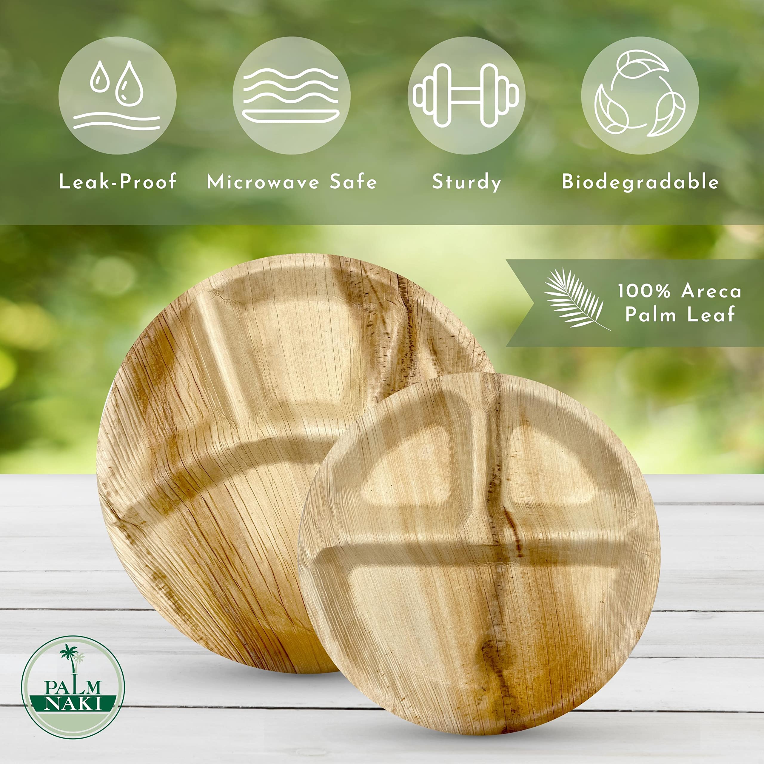 PALM NAKI Round Compartment Palm Leaf Plates (40 Count) - BPA Free Plates, Disposable Dinnerware, Compostable and Biodegradable 3 Compartment Plates, Eco Friendly Plates (10" Round Plates)  - Acceptable