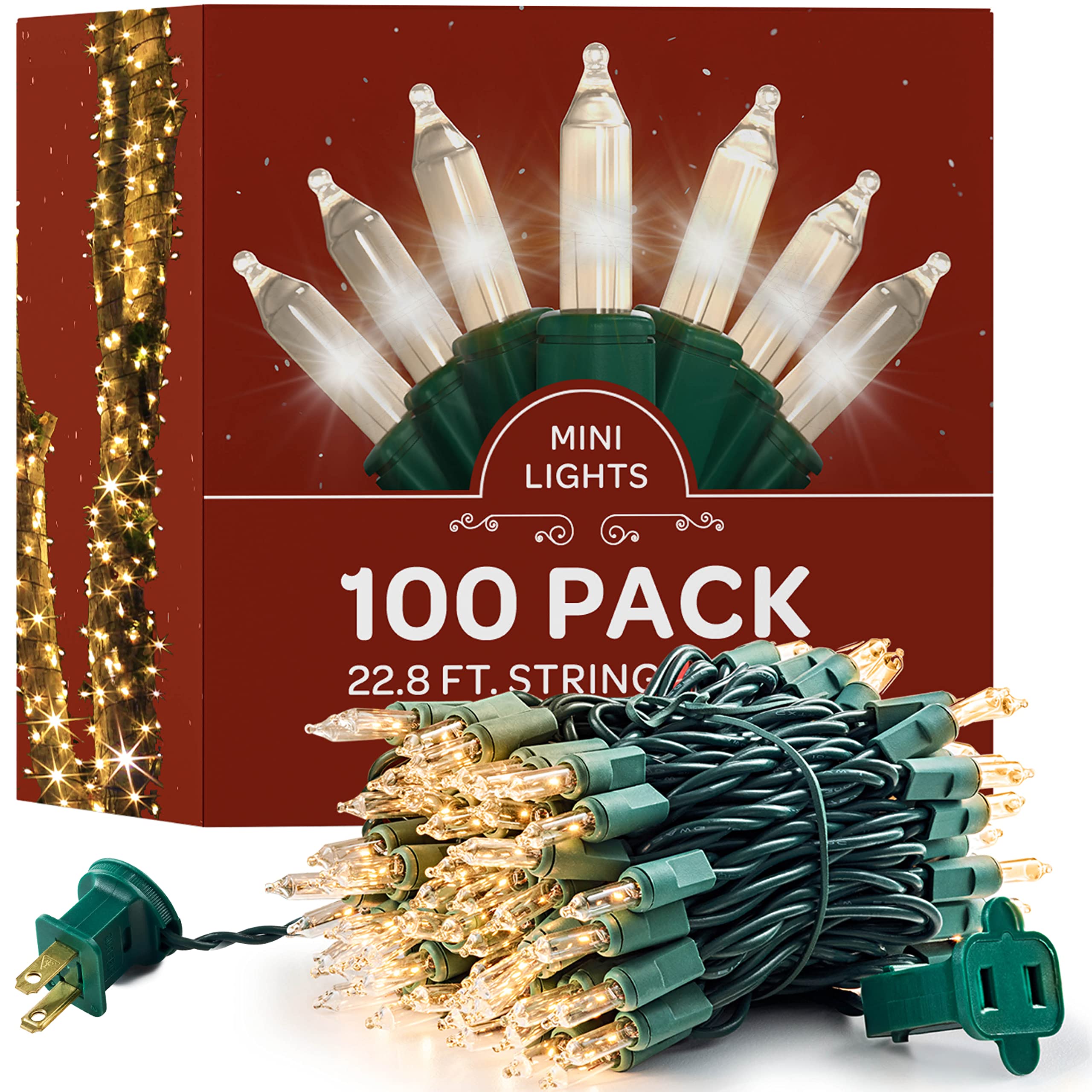 Christmas Lights [Set of 100] Warm White Christmas Lights, UL Listed for Indoor/Outdoor Use, Mini Christmas Lights, Small Christmas Lights for Holiday/Party Festival Decorations 22.8 Ft (Green Wire)  - Like New