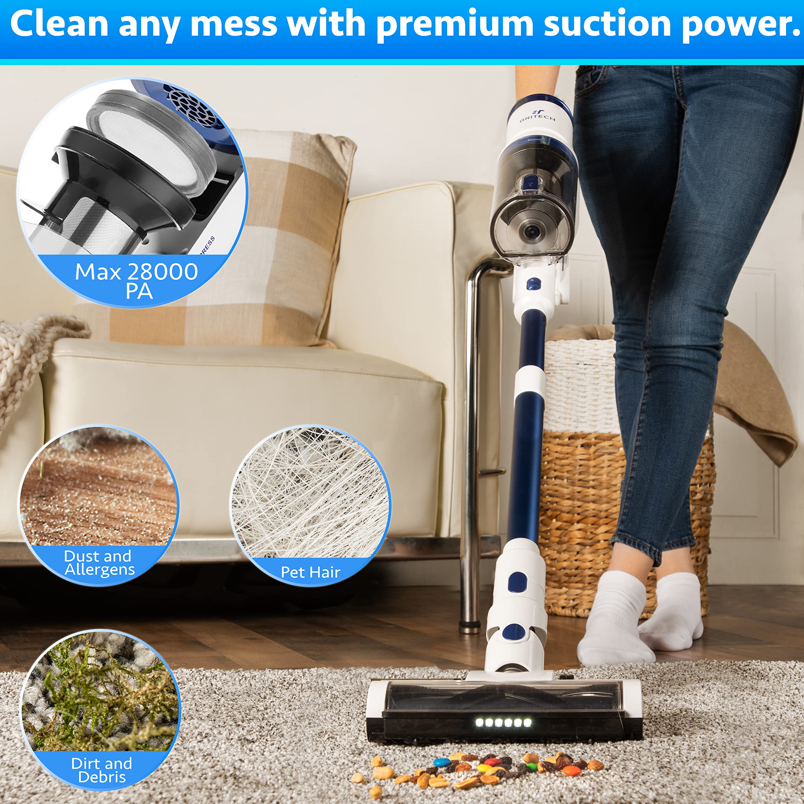BRITECH Cordless Lightweight Stick Vacuum Cleaner, 300W Motor for Powerful Suction 40min Runtime, LED Display Screen & Headlights, Great for Carpet Cleaner, Hardwood Floor & Pet Hair (Blue)  - Like New