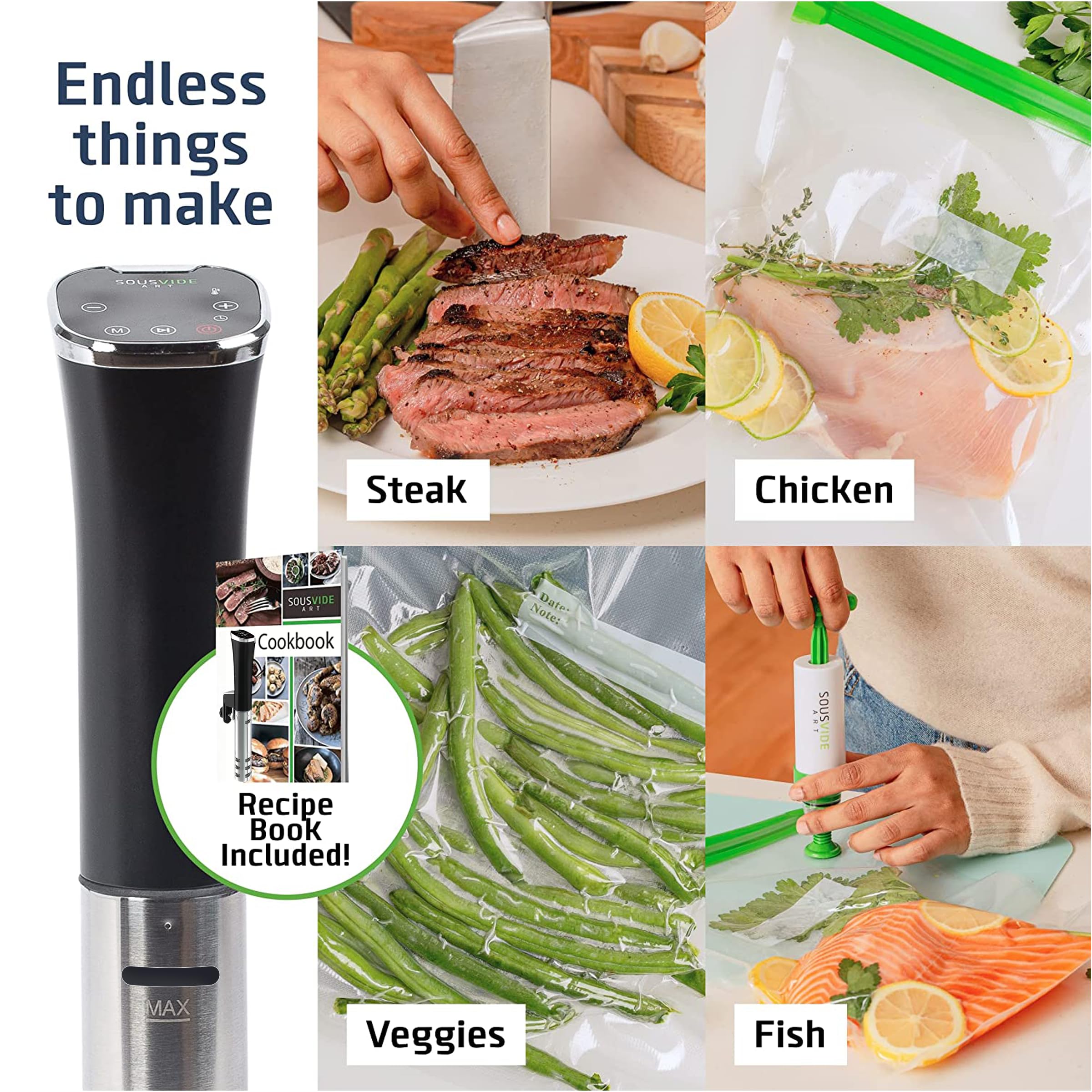 SOUSVIDE ART Sous Vide Immersion Cooker Kit - Machine with Digital Timer, Temp Control, 30 Bags, Vacuum Pump, Suvee Cooker Gift for Chefs  - Good