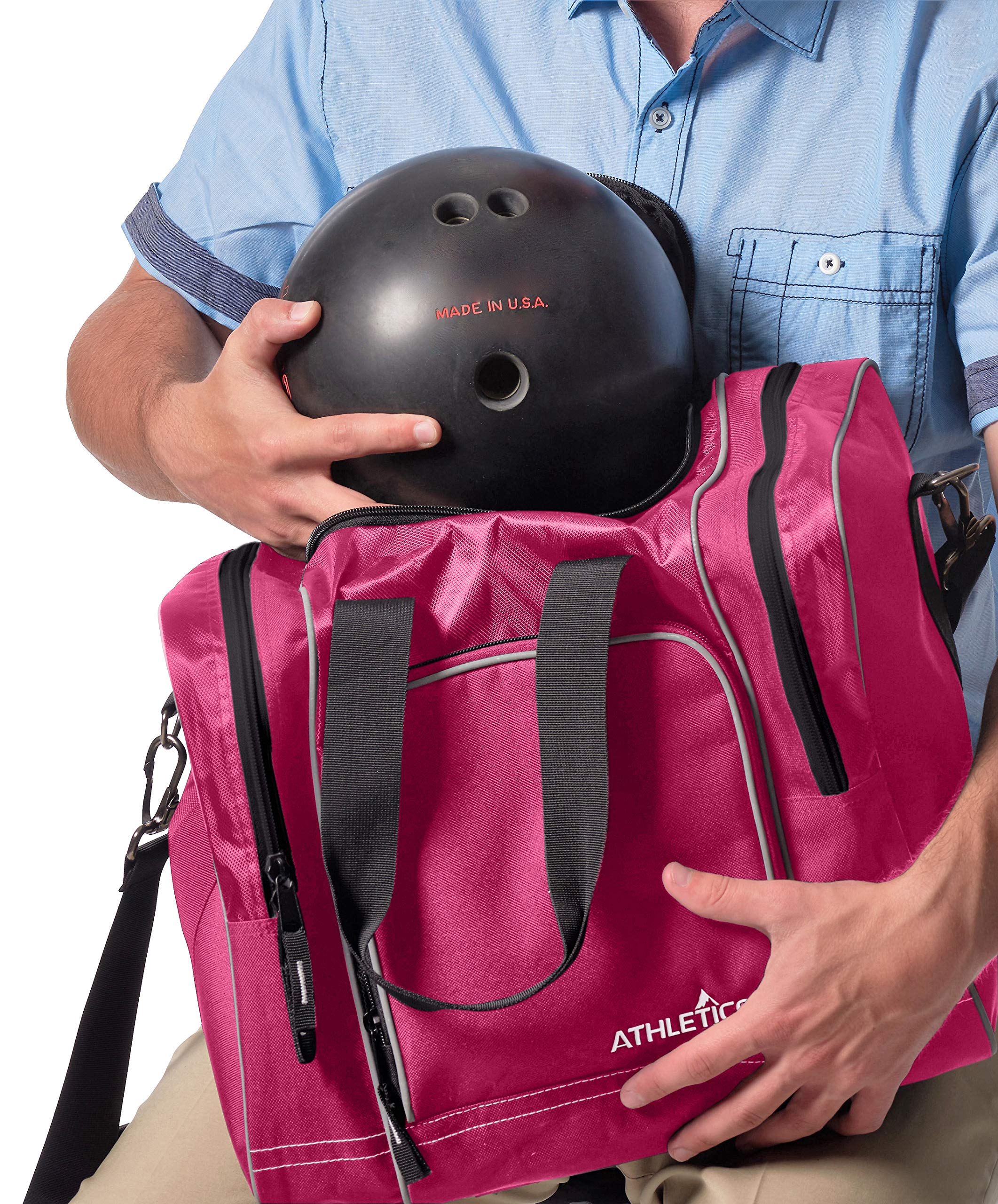 Athletico Bowling Bag for Single Ball - Single Ball Tote Bag With Padded Ball Holder - Fits a Single Pair of Bowling Shoes Up to Mens Size 14 (Pink)  - Very Good