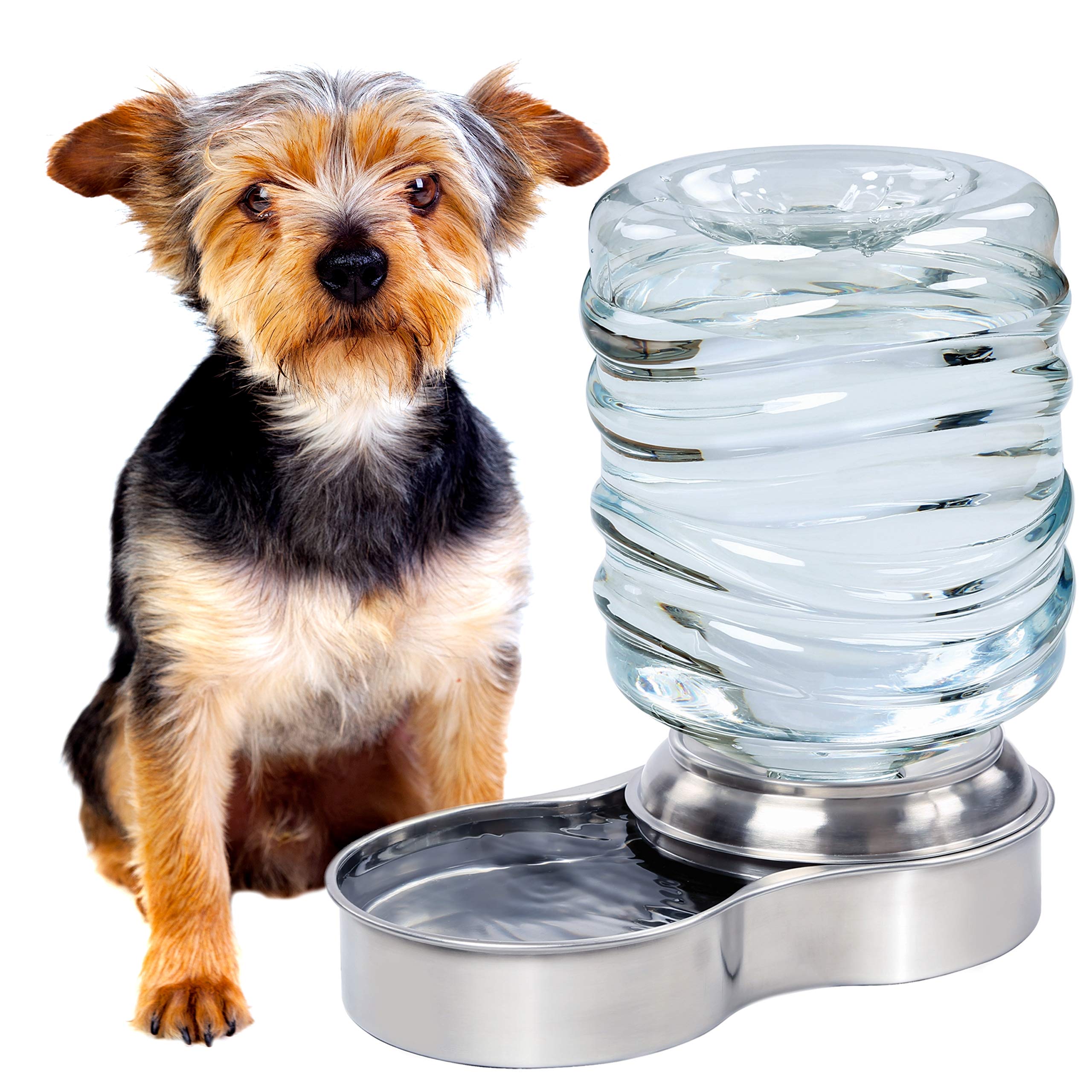 Bundaloo Dog Water Bowl Dispenser - Automatic Slow Refilling System Keeps Stainless Steel Drinking Dish Filled - Refillable 3 Liter Bottle, Non-Skid Feet - Clean, Safe, & Fresh Drink for Pet Dogs  - Good