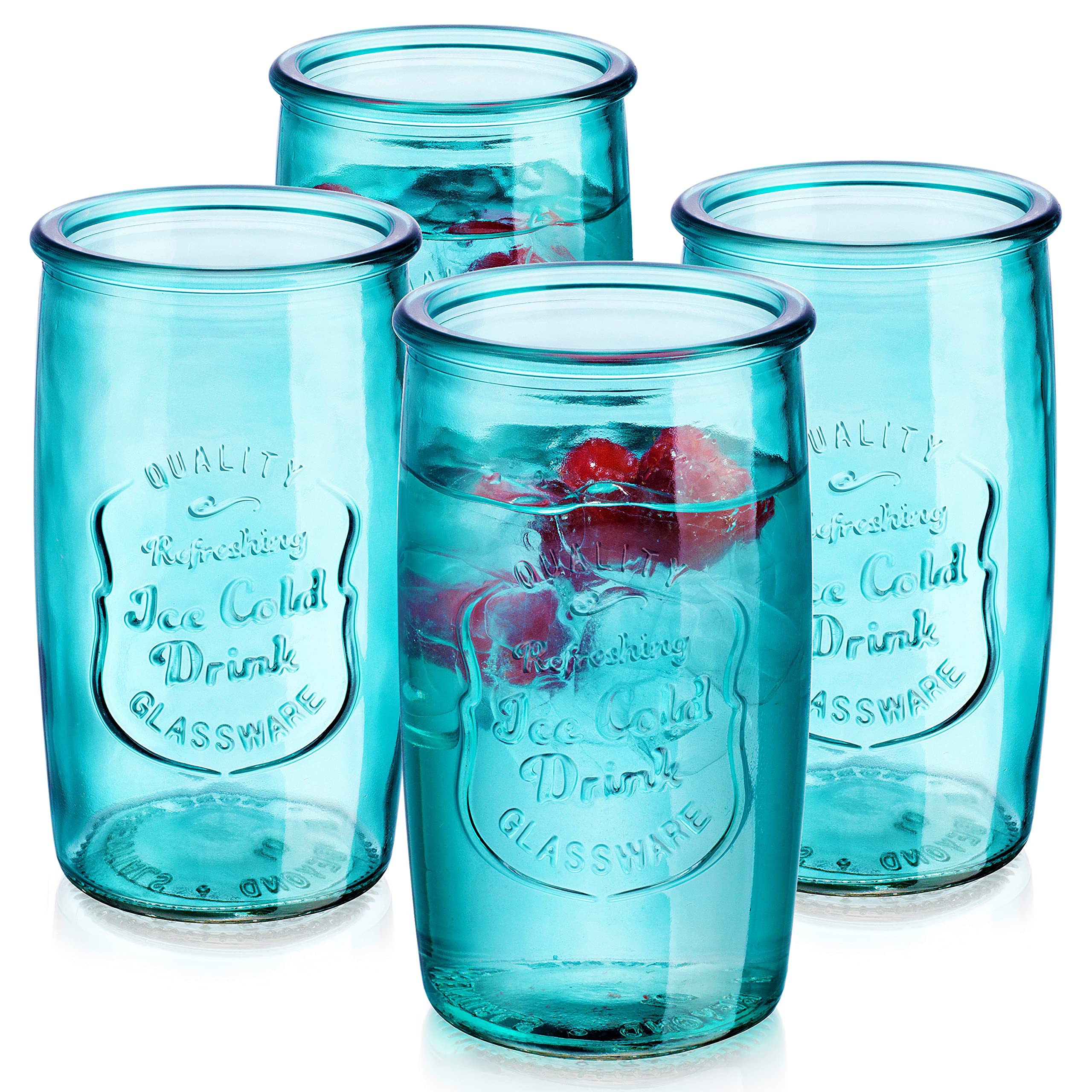 Glaver's Highball Glasses Set of 4 � 20oz Artistic Ice-Cold Pretty Blue � Vintage Glassware with Embossed Logo � Beverage Drinking Glasses for Water, Juice, Cocktails.  - Acceptable