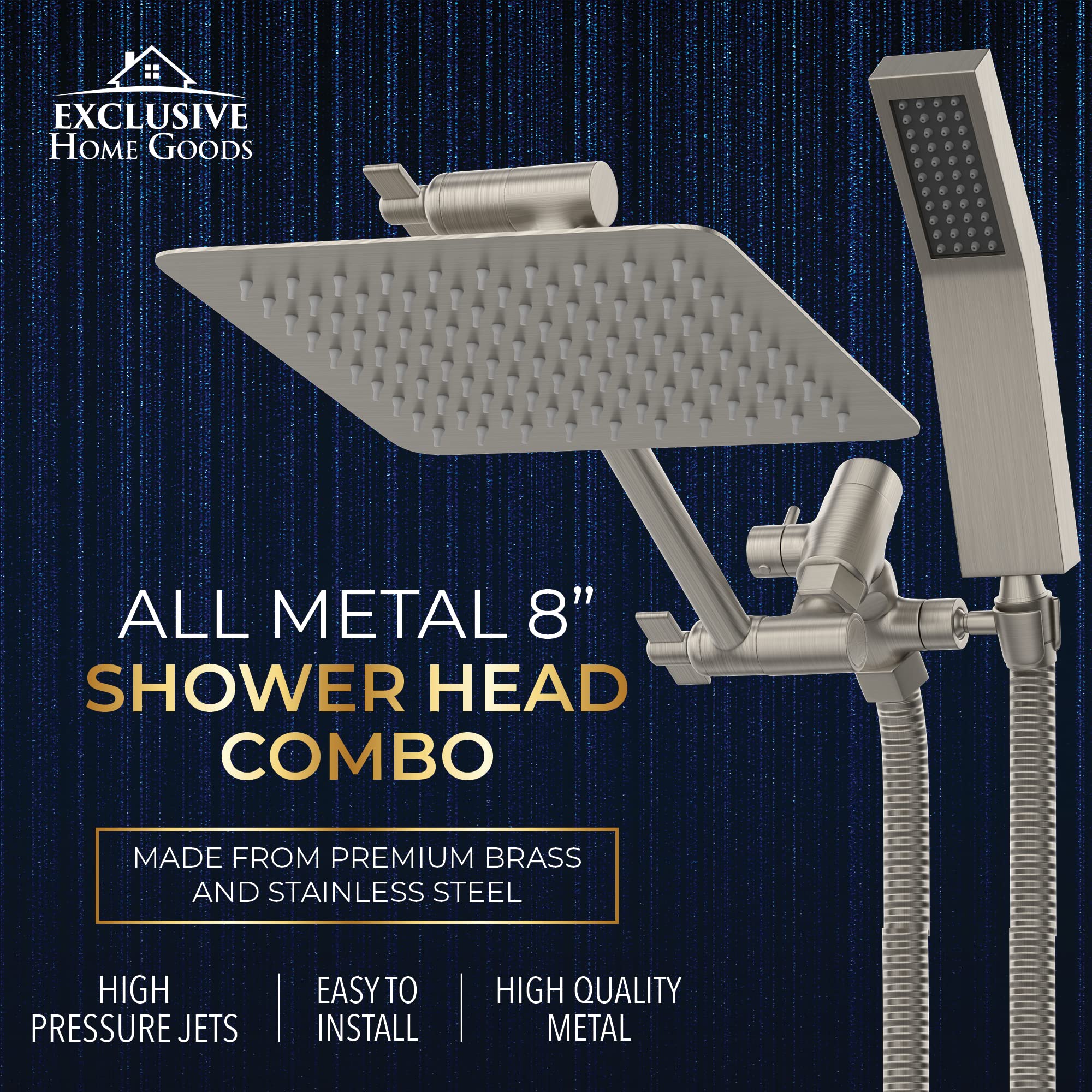 All Metal Shower Head Dual Square Shower Head With Handheld Wand 71in Hose Set, High Pressure Rain Shower Heads Combo, 3-Way Diverter Rainfall Showerhead with Adjustable Extension Arm  - Very Good