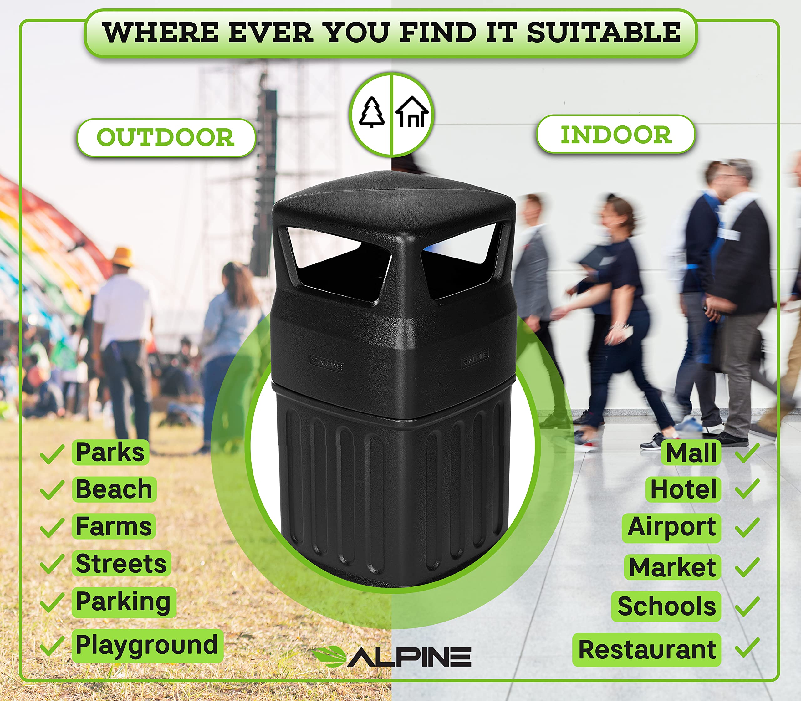 Alpine Industries Outdoor/Indoor Trash Can - Heavy Duty Garbage Can with Lid - Trash Bin for Home, Kitchen, and Bathroom - (16-Gallon Capacity) Variation  - Acceptable