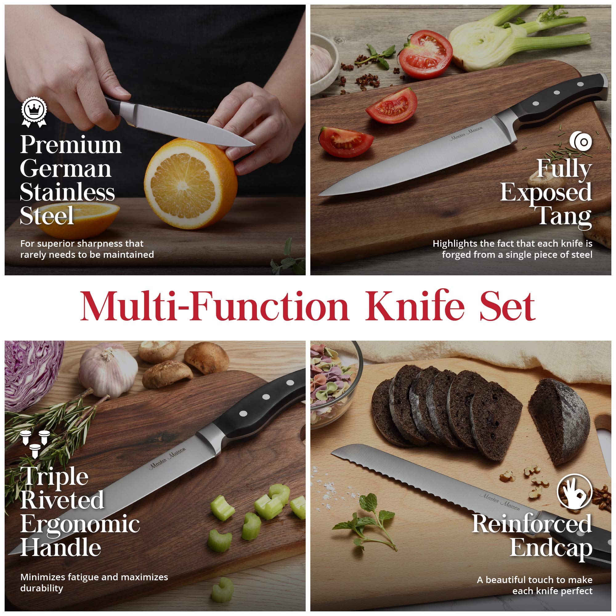 Premium Kitchen Knife Set With Wooden Block | Master Maison German Stainless Steel Cutlery With Knife Sharpener & 8 Steak Knives  - Very Good