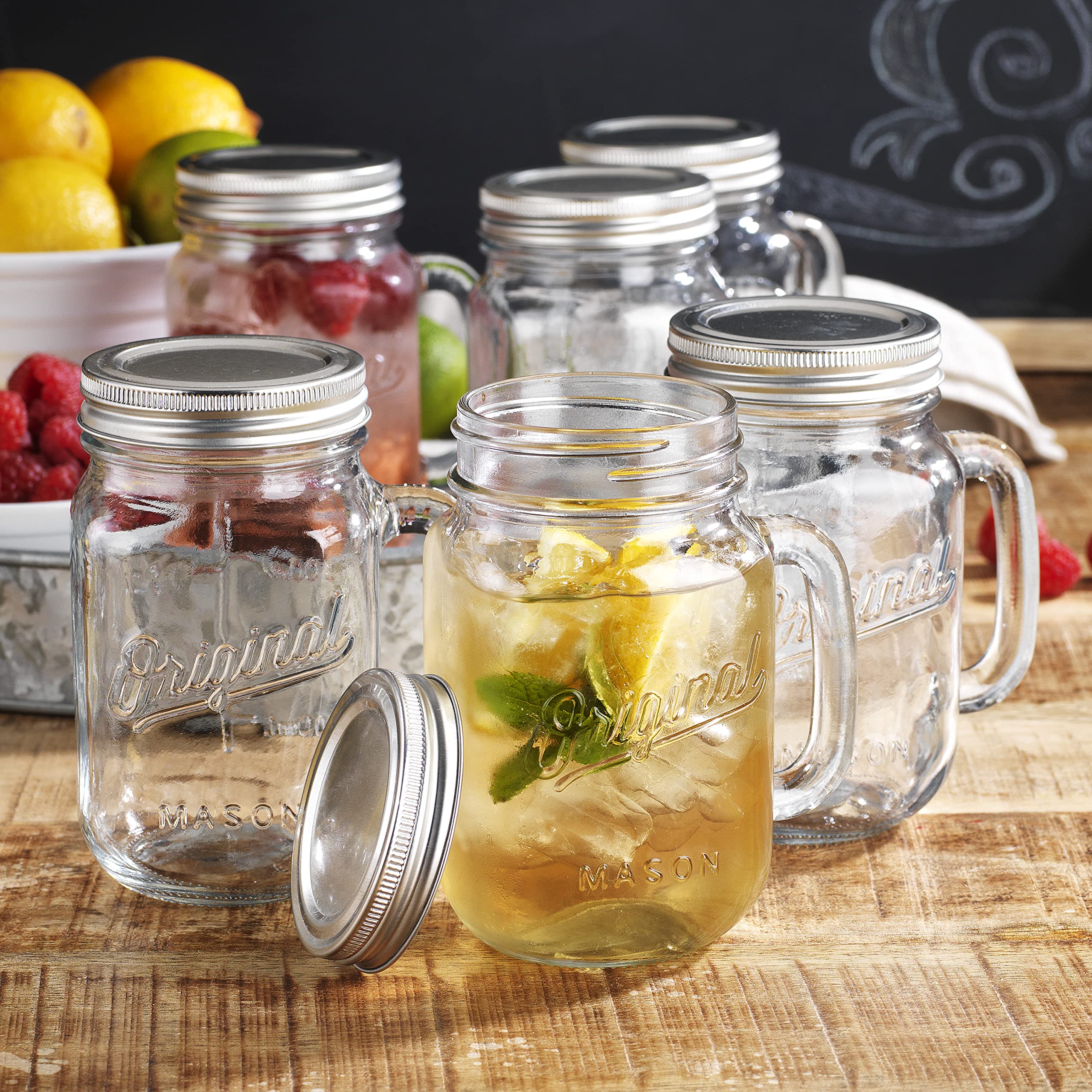 Glaver's Mason Jar 16 Oz. Glass Mugs with Handle and Lid Set Of 6 Old Fashioned Drinking Glass Bottles Original Mason Jar Pint Sized Cup Set.  - Acceptable