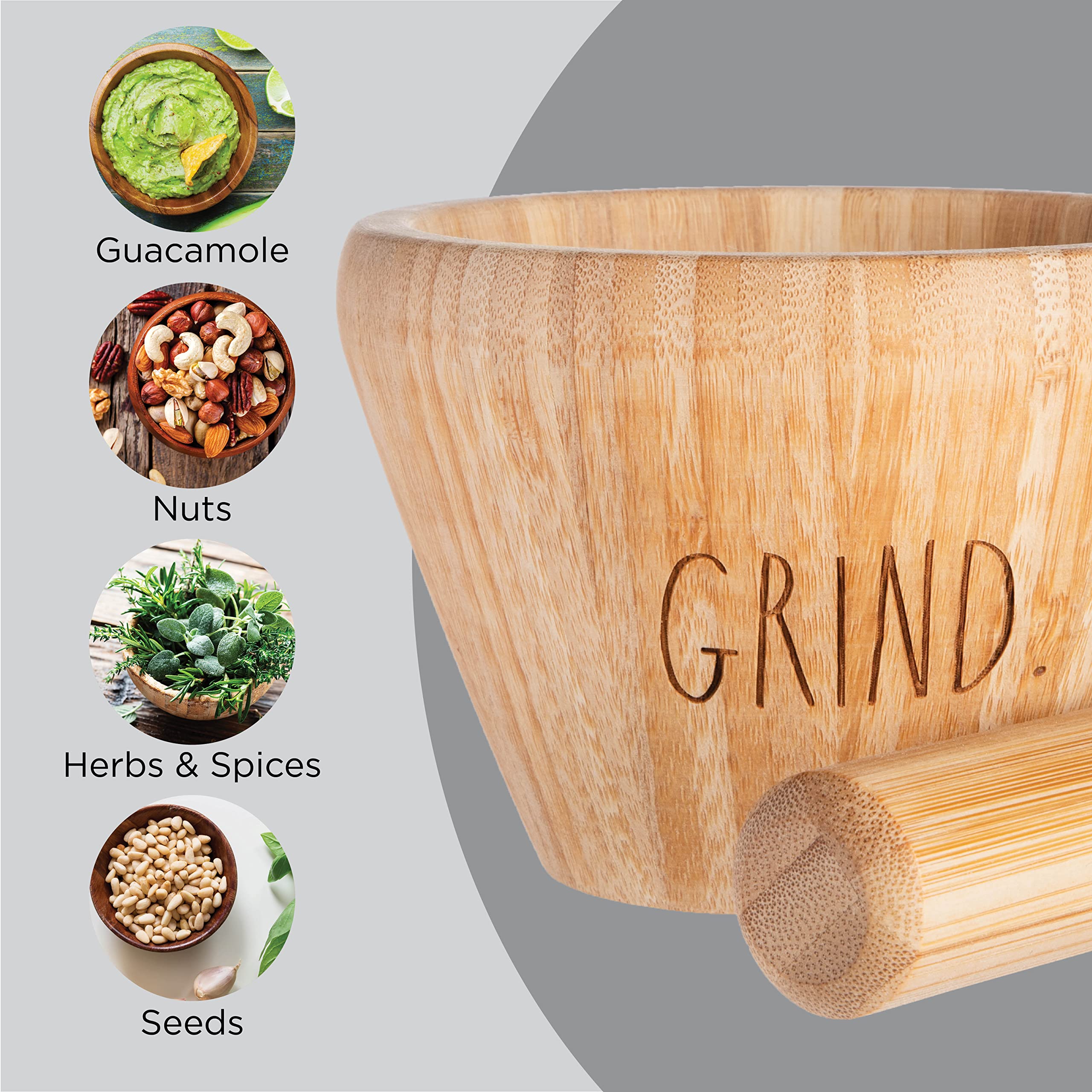 Rae Dunn Bamboo Mortar and Pestle - Bamboo Spice Grinder, Crush, Press, Mash Spices, Herbs, Garlic, Pepper, Guacamole, Pesto, Nuts, Fruit, 3.3 inch Wooden Mortar and Pestle Set for Kitchen  - Like New