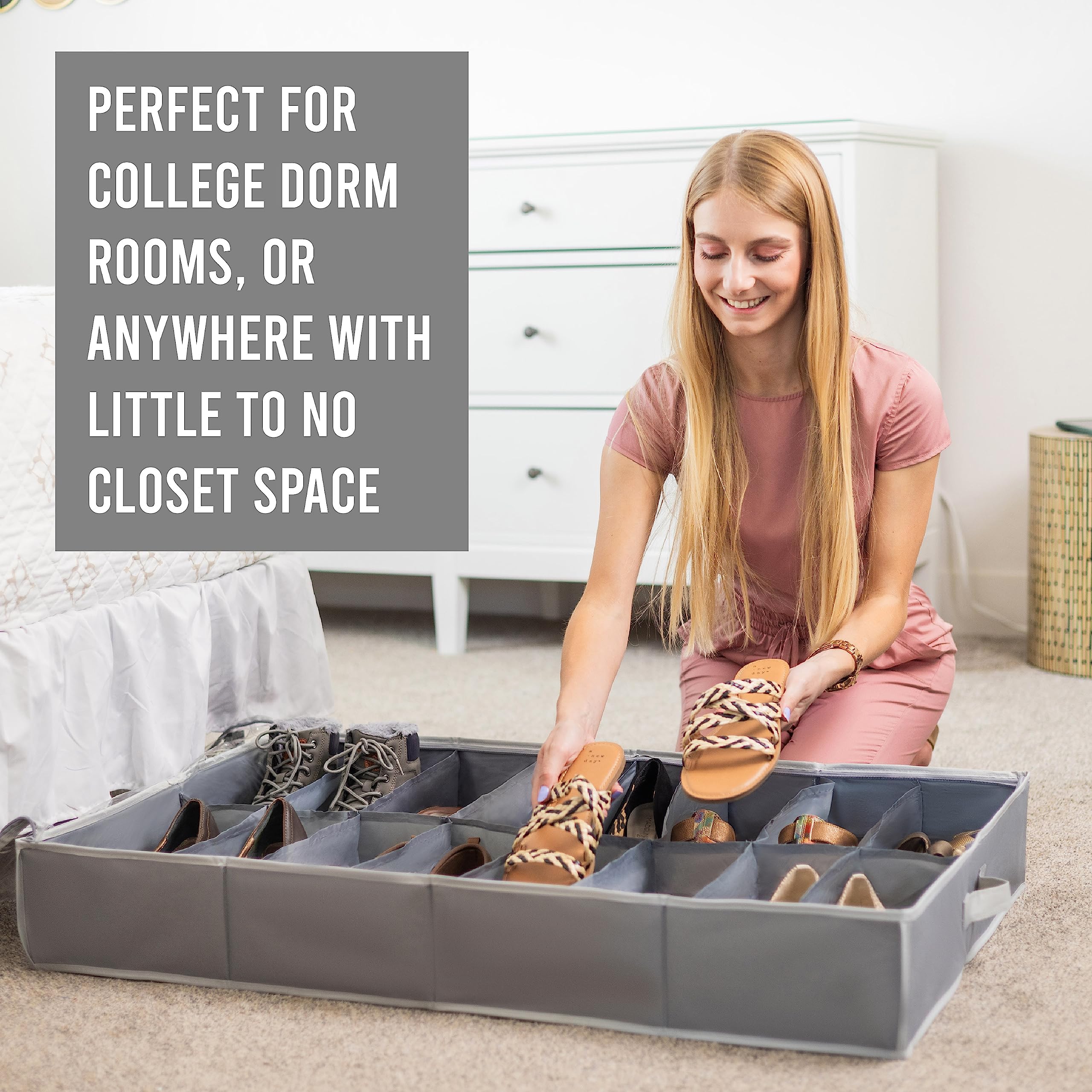 Under Bed Shoe Storage Organizer - TEAR-RESISTANT Heavy Duty 600D Material - Fits All Styles Men's and Women's Shoes, Up to 16 Pairs - Extra-Strong Zipper - Grey - Perfect for College Dorms  - Like New