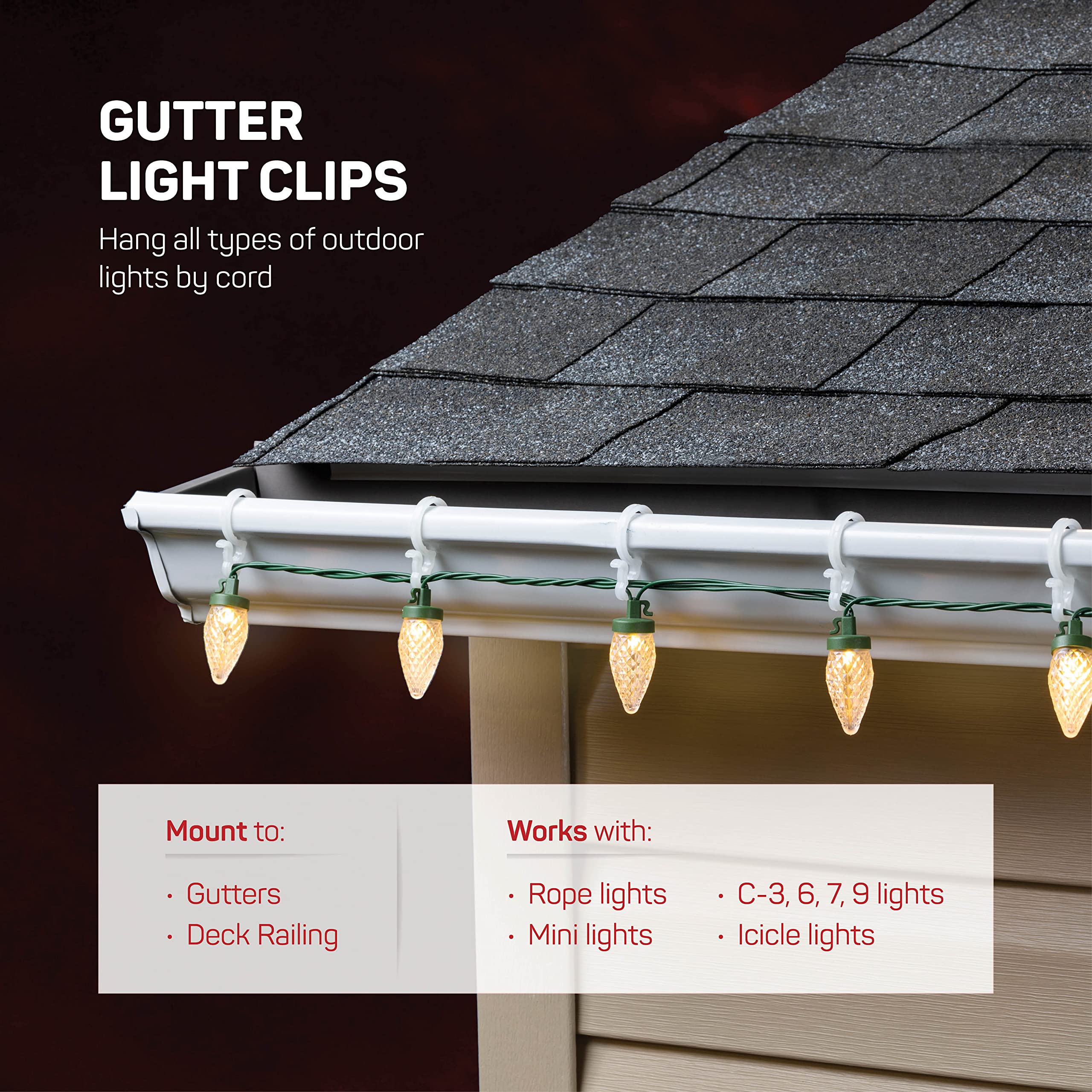 Gutter Light Clips [Set of 200] Gutter Light Clips, Hang By Cord All Type Outdoor Lights C5, C6, C7, C9, Mini, Icicle, Rope Lights. Christmas Light Clips Outdoor - No Tools Required - USA Made  - Very Good