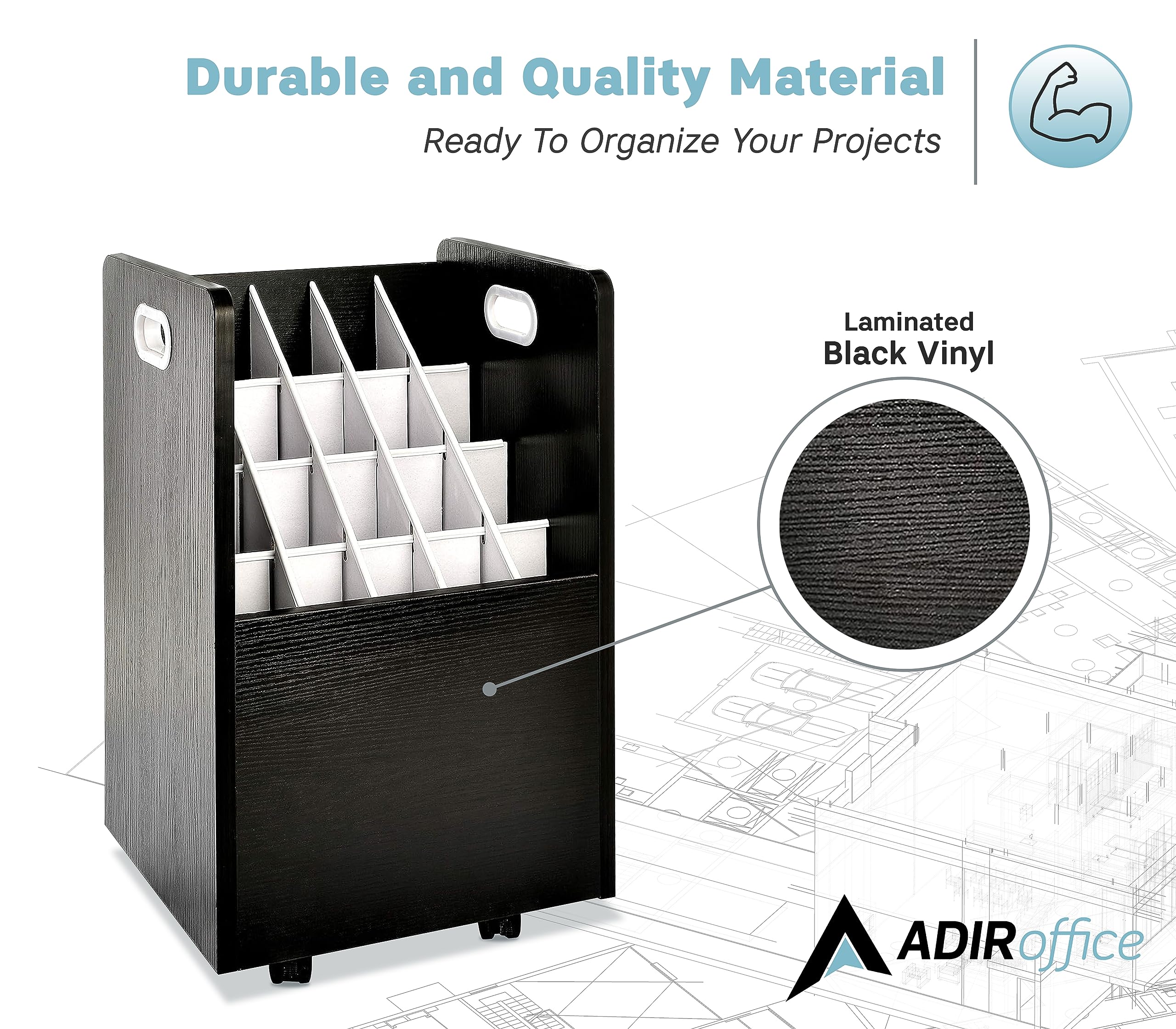 Adir Mobile Blueprint Roll File Holder - Mobile Roll File Organizer Cart for Home Office or School. 20,21,50 Slots Blueprint File Holder with Wheels for Maps, Plans, Posters  - Acceptable