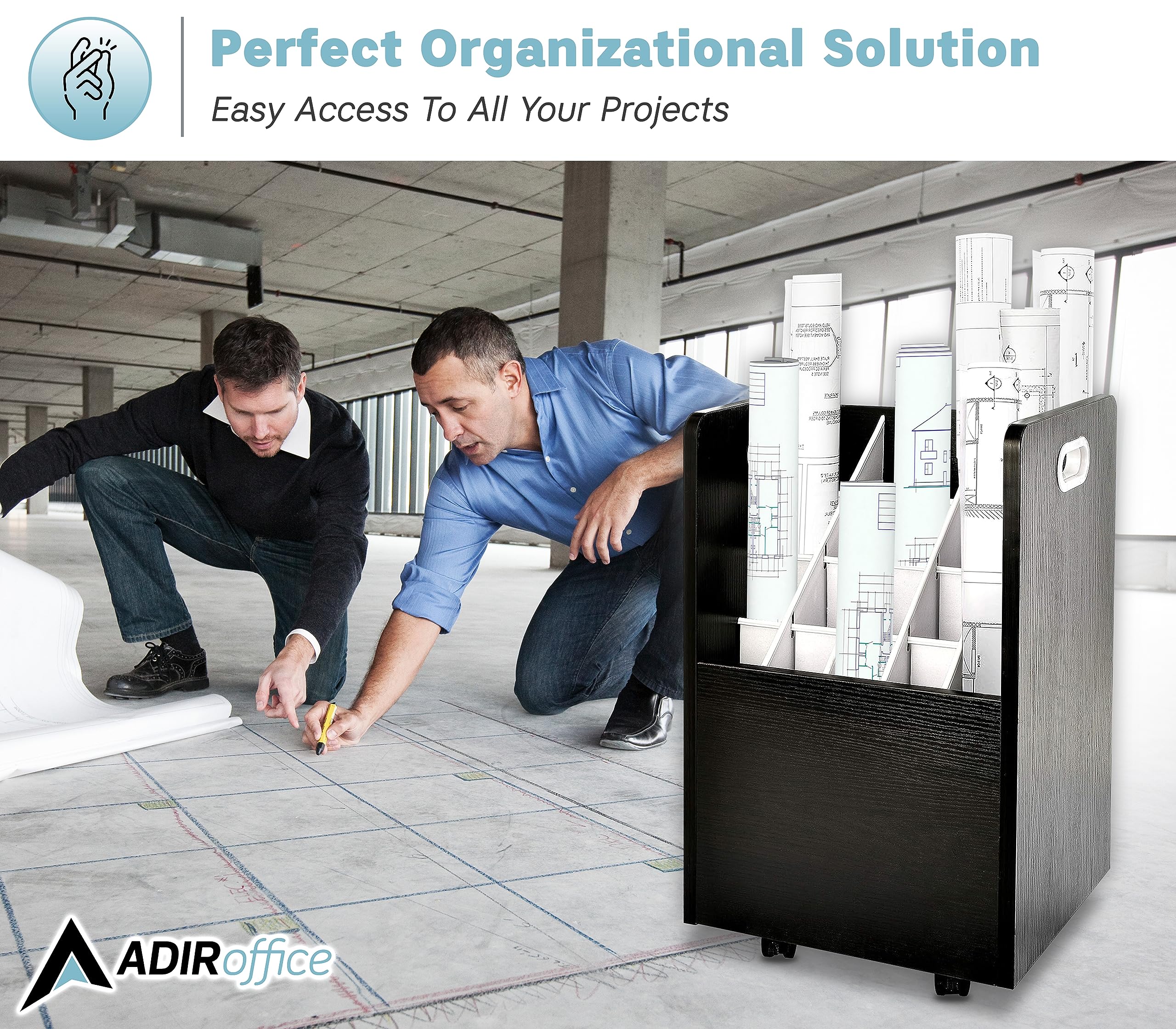 Adir Mobile Blueprint Roll File Holder - Mobile Roll File Organizer Cart for Home Office or School. 20,21,50 Slots Blueprint File Holder with Wheels for Maps, Plans, Posters  - Acceptable