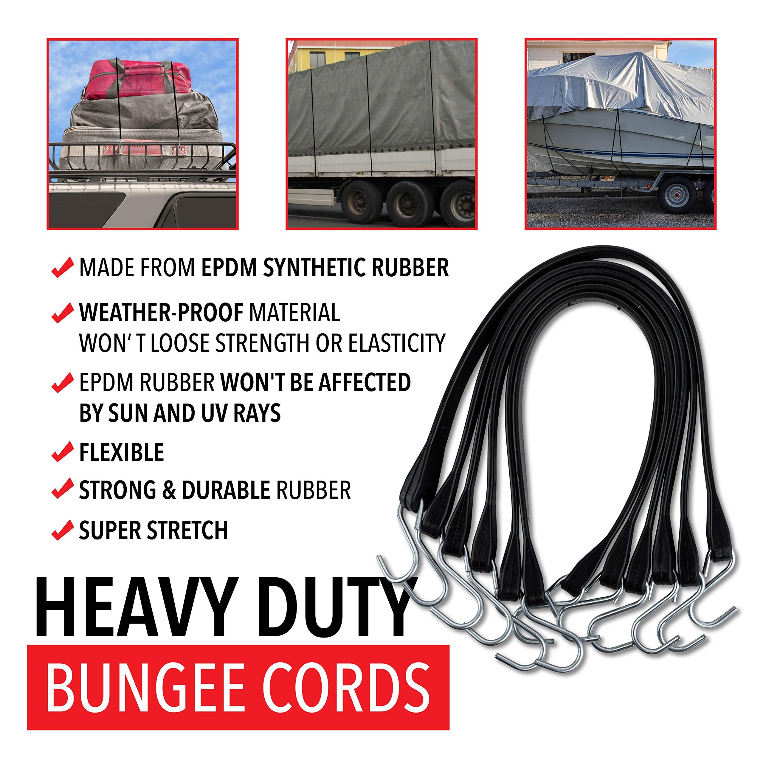 Miloo Rubber Bungee Cords with Hooks - Heavy Duty Tarp and Cargo Straps - Made in USA  - Very Good