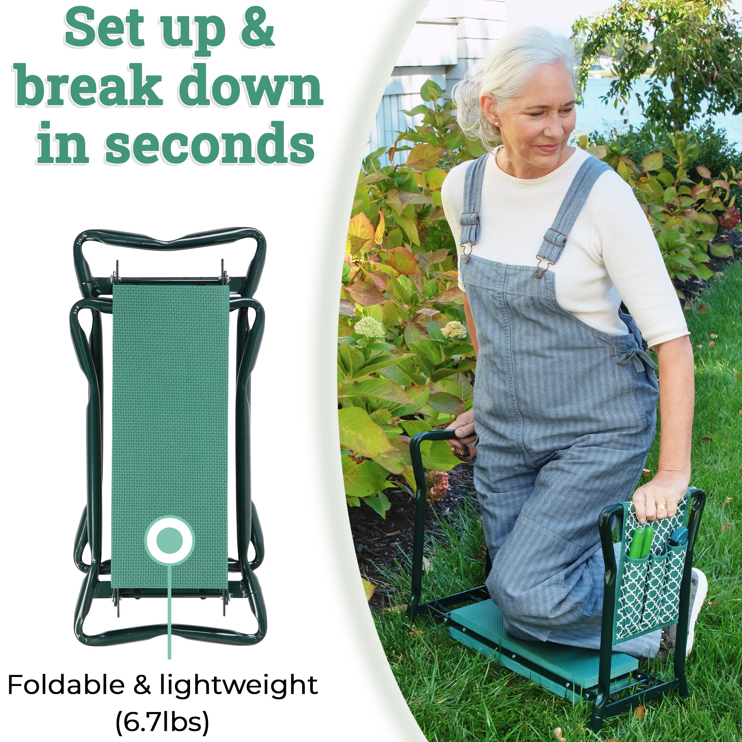 Garden Kneeler and Seat - Protects Knees, Clothes From Dirt and Grass Stains - Foldable Stool For Easy Storage - EVA Foam Pad -Sturdy, Lightweight Bench with Designed Tool Pouch -Free Gloves Included  - Very Good