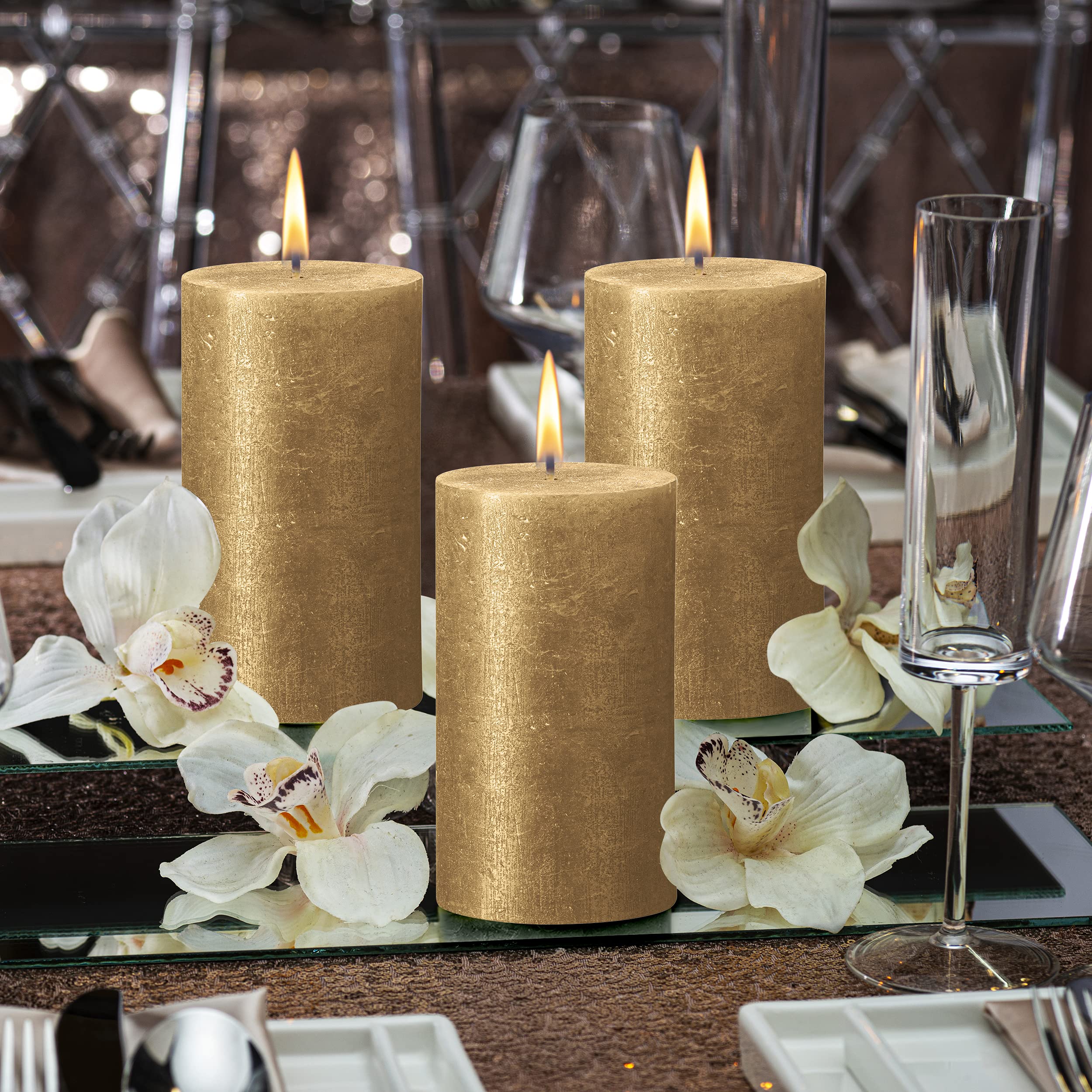 BOLSIUS Gold Shimmer Metallic Pillar Candles 4 Pack - 2.75 X 7.5 Inches - Premium European Quality - Includes Natural Plant-Based Wax - Unscented Dripless Smokeless 85 Hour Party & Wedding Candles  - Like New