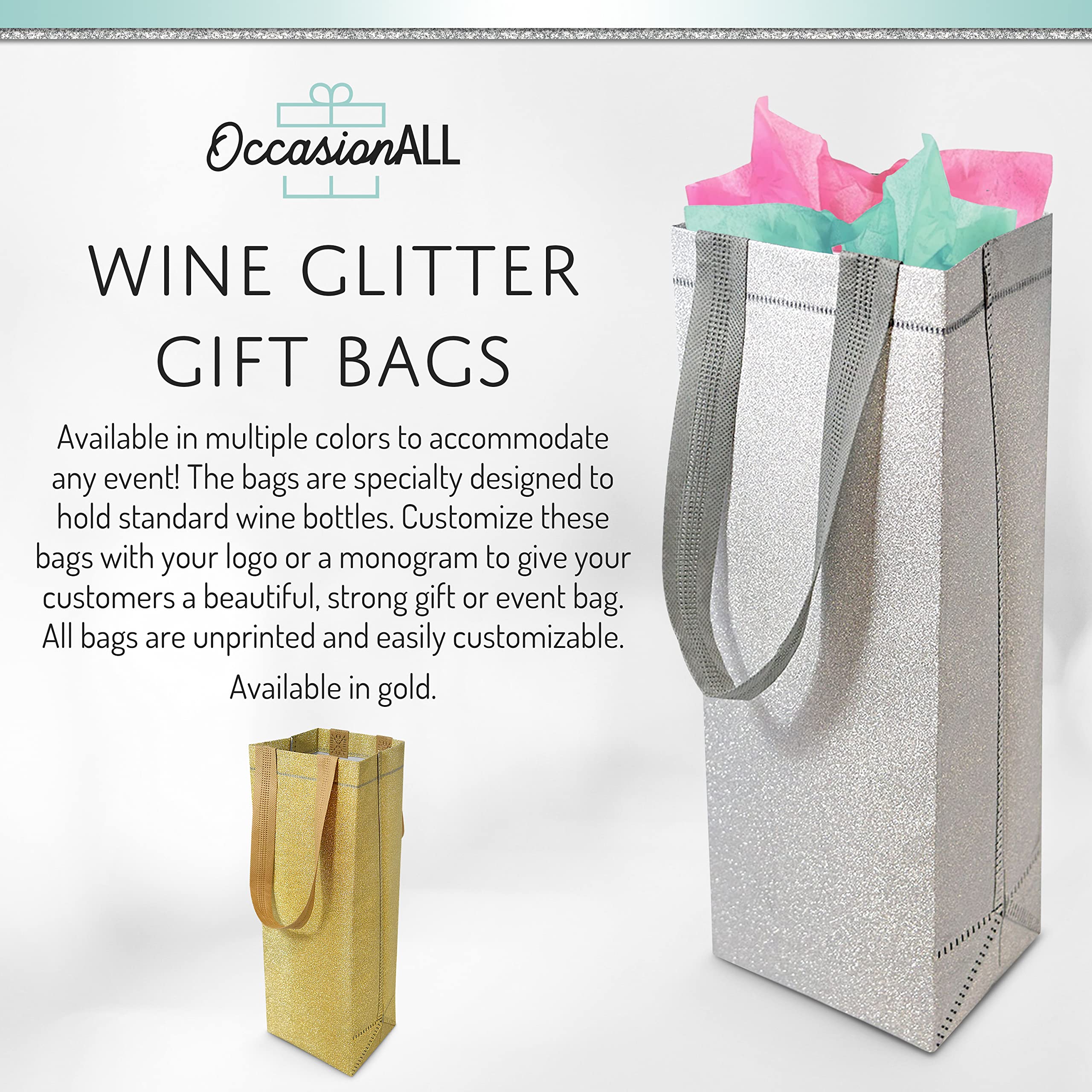 OccasionALL 5x4x14 12 Piece Large Wine Gift Bags with Handles, Silver Reusable Wine Bags, Bottle Box, Christmas Bottle Bags for Alcohol Champagne Wine  - Like New