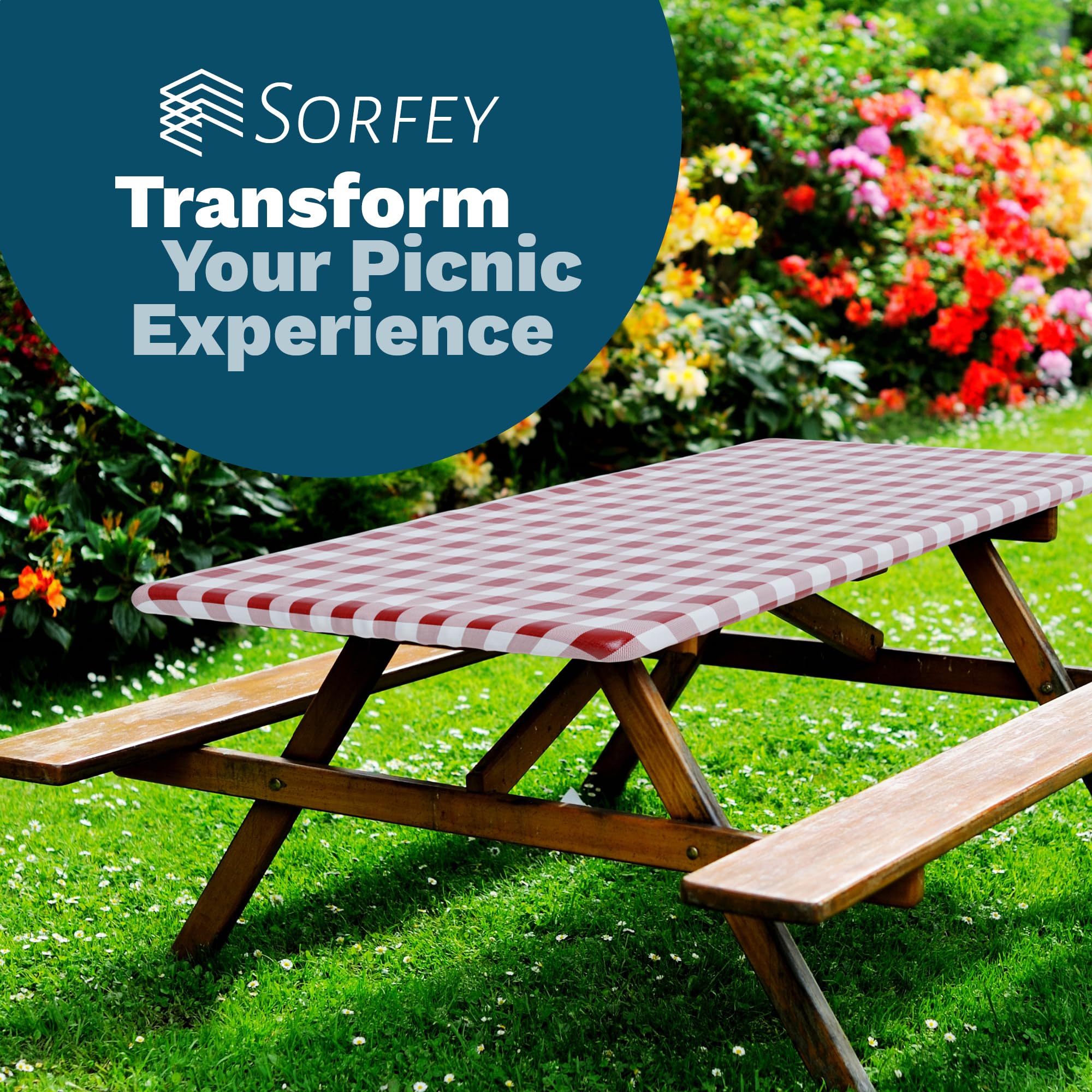 Sorfey Picnic Tablecover -Fitted with Elastic, Vinyl with Flannel Back, Fits for Table 48"x 24" Rectangle,Water Proof, Easy to Clean, Checked Green Design  - Like New