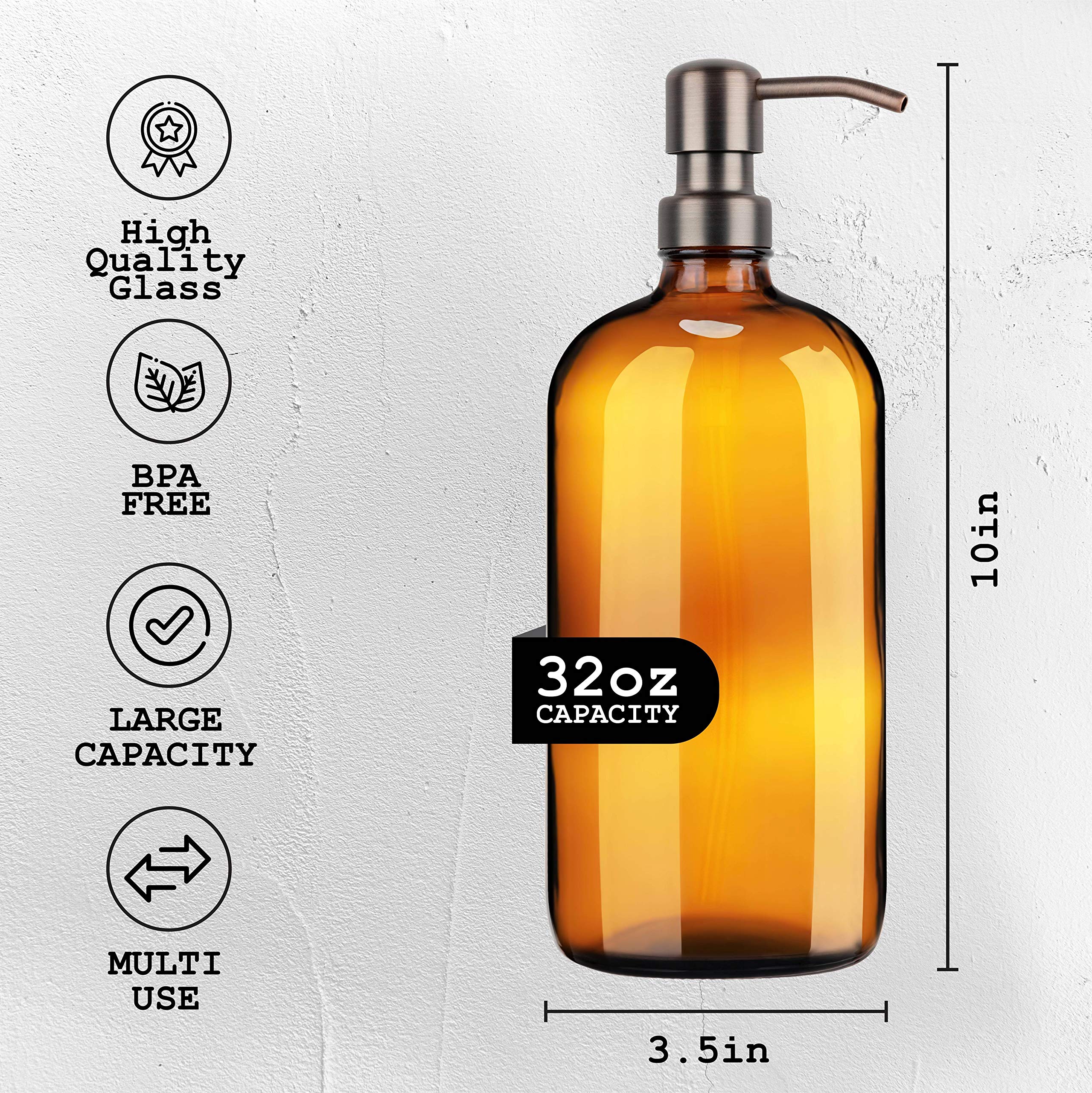 kitchentoolz Large Pump Bottle - 32 Ounce Glass Shampoo and Soap Dispenser - Amber