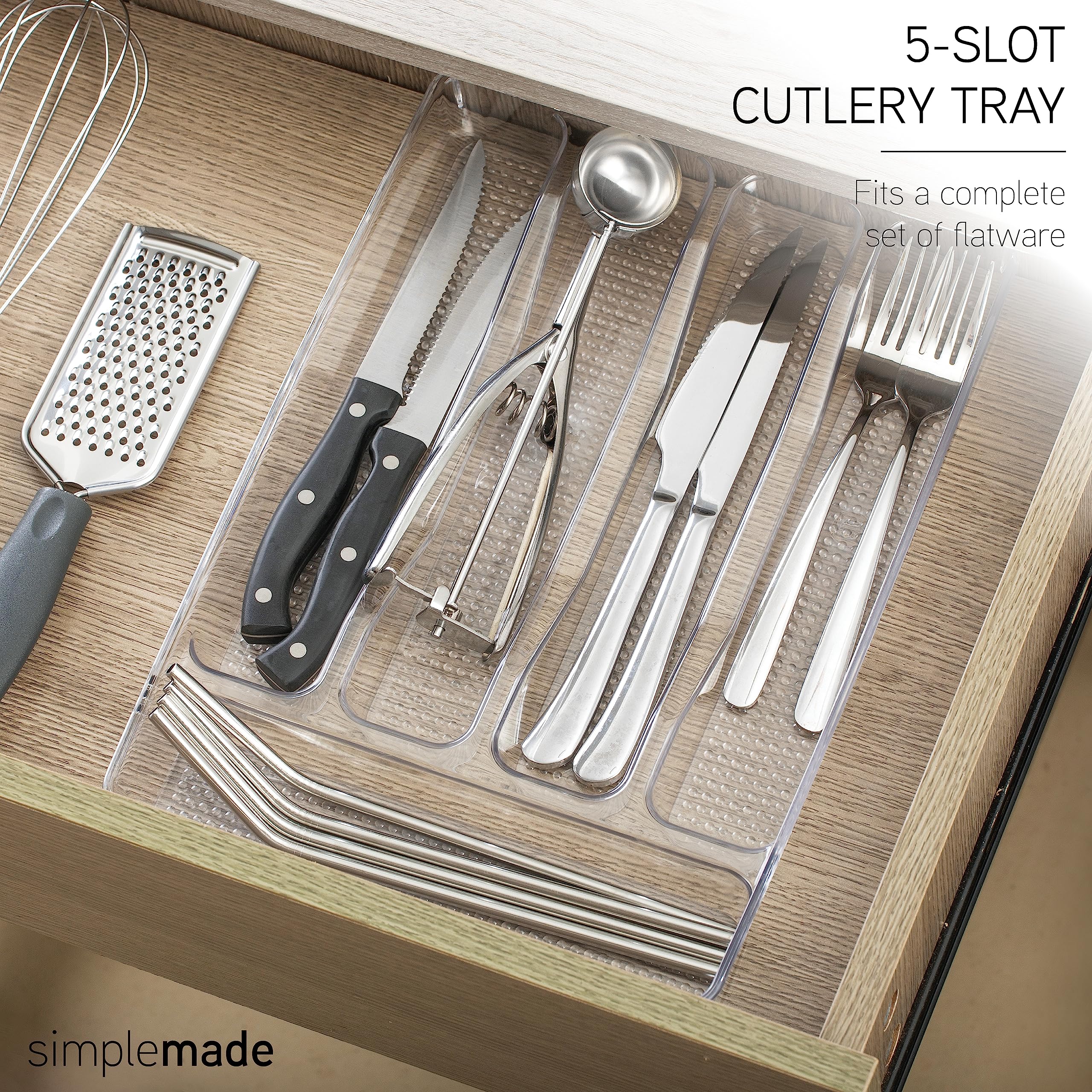 SIMPLEMADE Large Silverware Tray Organizer, 5-Compartments, Non-Slip Lining for Kitchen Drawer Flatware (Clear)  - Like New