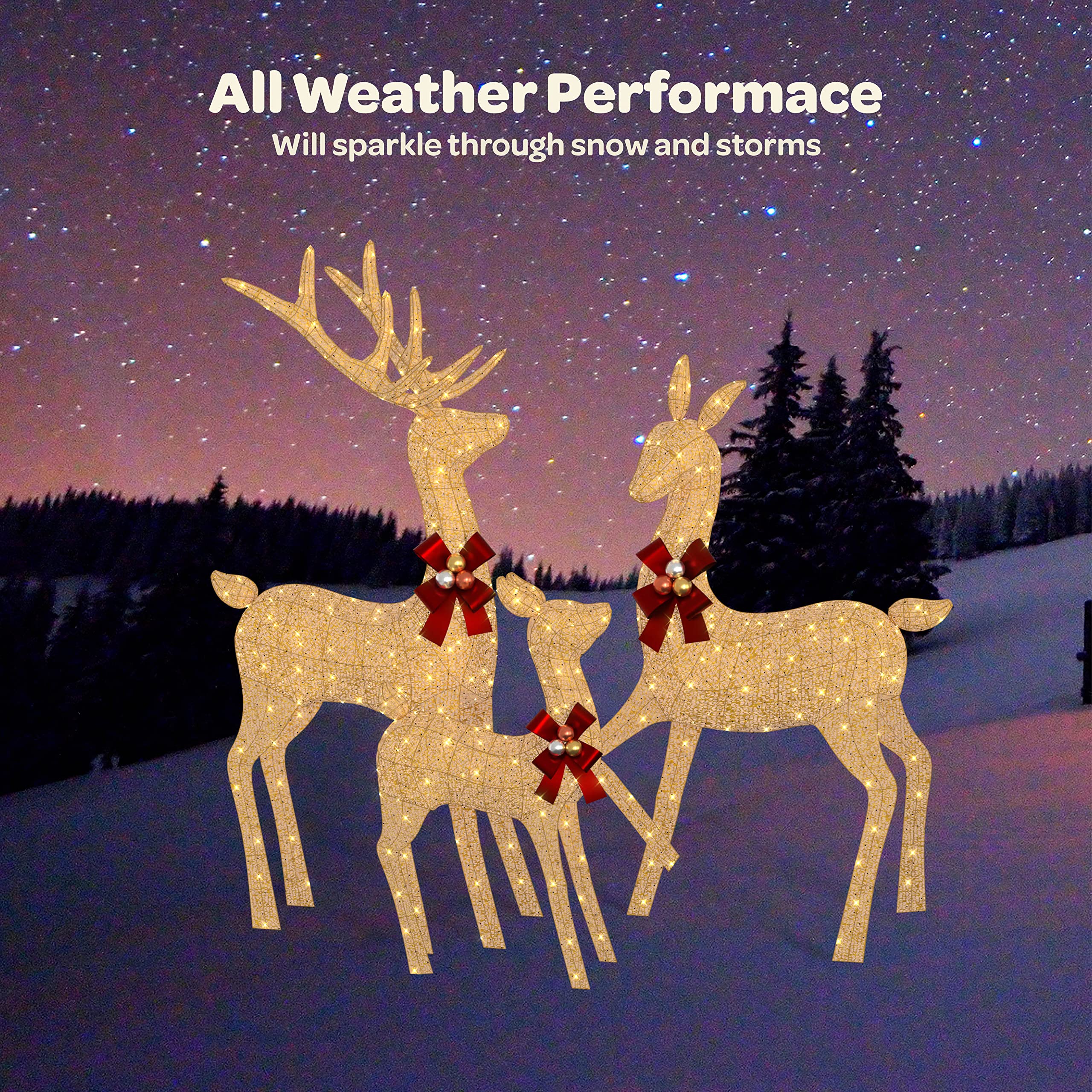 Impressive Reindeer Christmas Decoration Family [Set of 3] Lighted with 365 LED Lights Large all-Weather Christmas Outdoor Decoration Display (Buck Doe and Fawn) With Red Bows/Tie-Down Stakes - Gold. christmas decorations outdoor reindeer  - Very Good