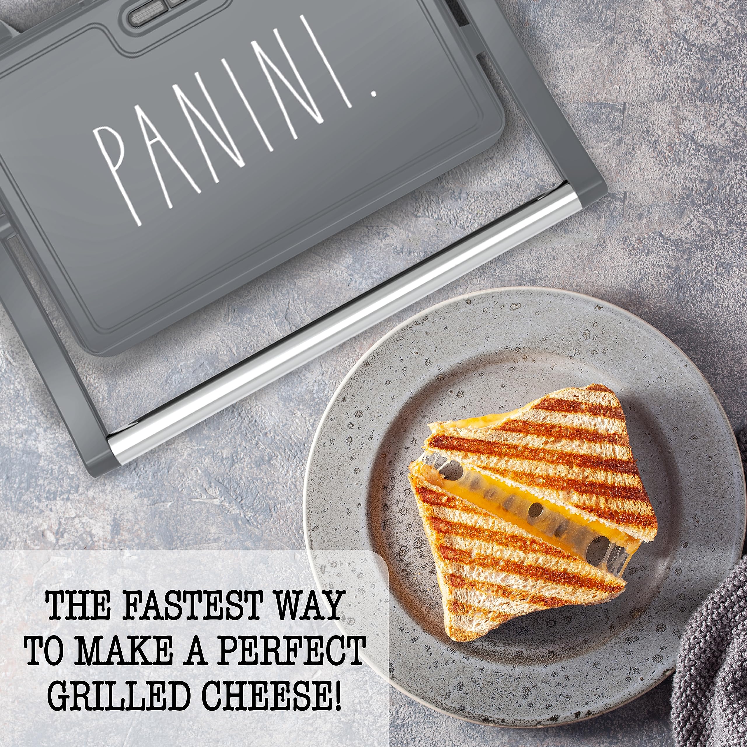 Rae Dunn Panini Maker - 750 Watt 2-Slice Press Grill with Indicator Lights | Opens 180 Degrees | Double Sided Heating | Non-stick Cooking | Cool Touch Handle | Easy to Clean, Grey  - Very Good