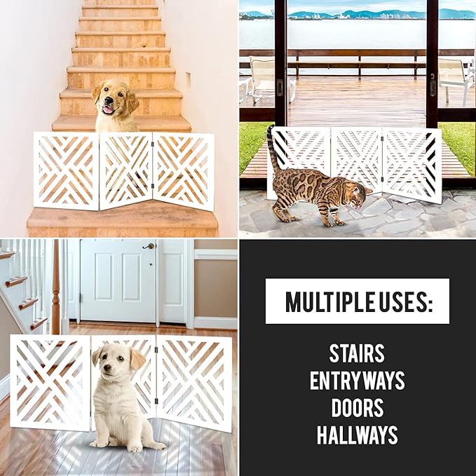 Bundaloo Freestanding Dog Gate Expandable Decorative Wooden Fence for Small to Medium Pet Dogs, Barrier for Stairs, Doorways, & Hallways (Lattice - White)