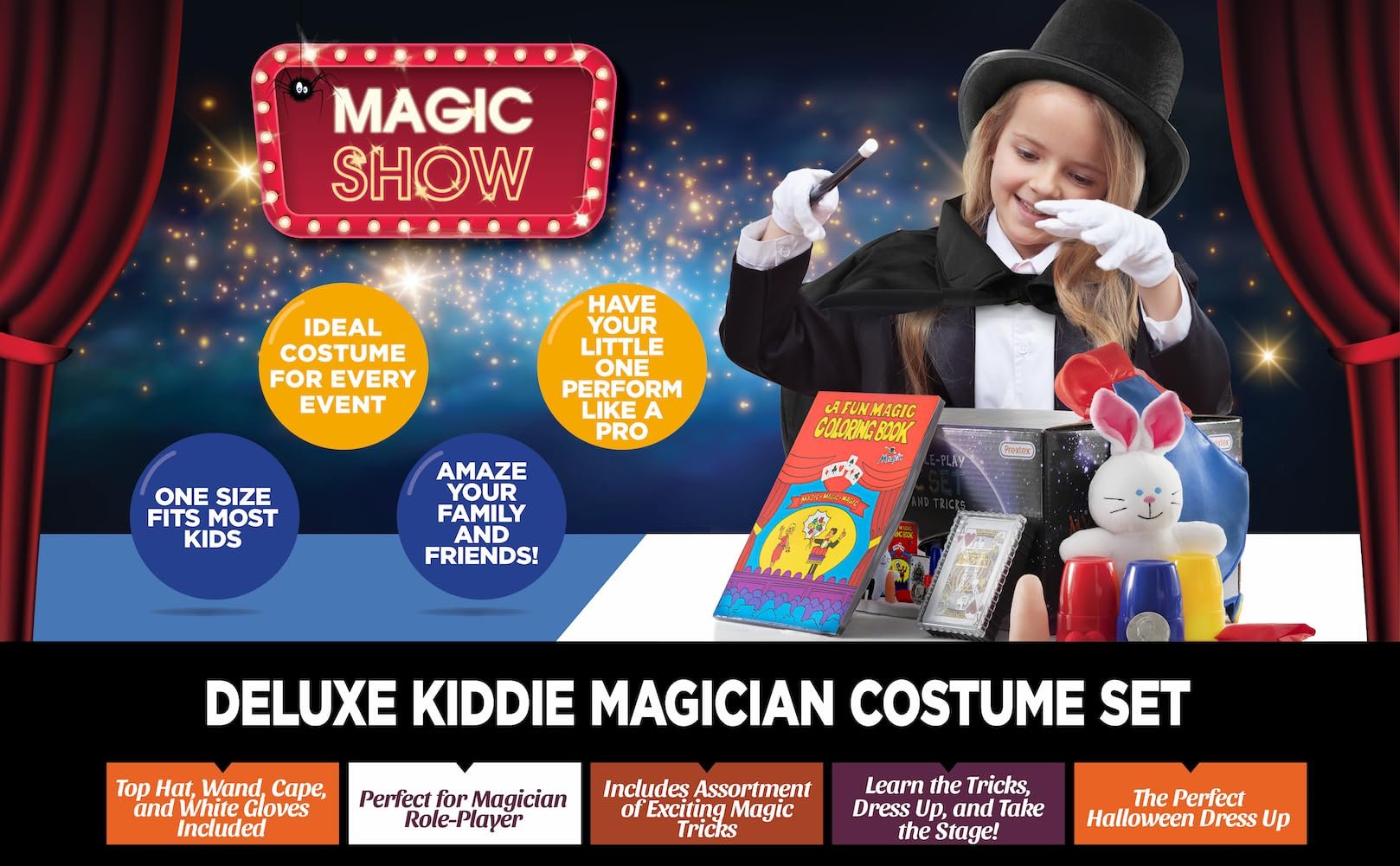 PREXTEX Magician Costume Kids Kit - Magic Tricks Games Toy with Magic Costume Includes Top Hat, Cane, Cape, Wand Kit