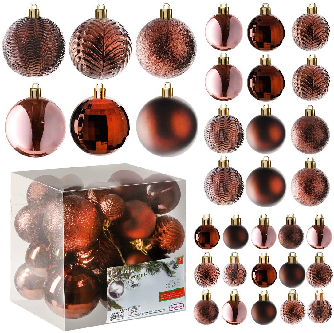 Prextex Christmas Tree Ornaments - Brown Christmas Ball Ornaments Set for Christmas, Holiday, Wreath & Party Decorations (36 pcs - Small, Medium, Large) Shatterproof, 3 Size Combo