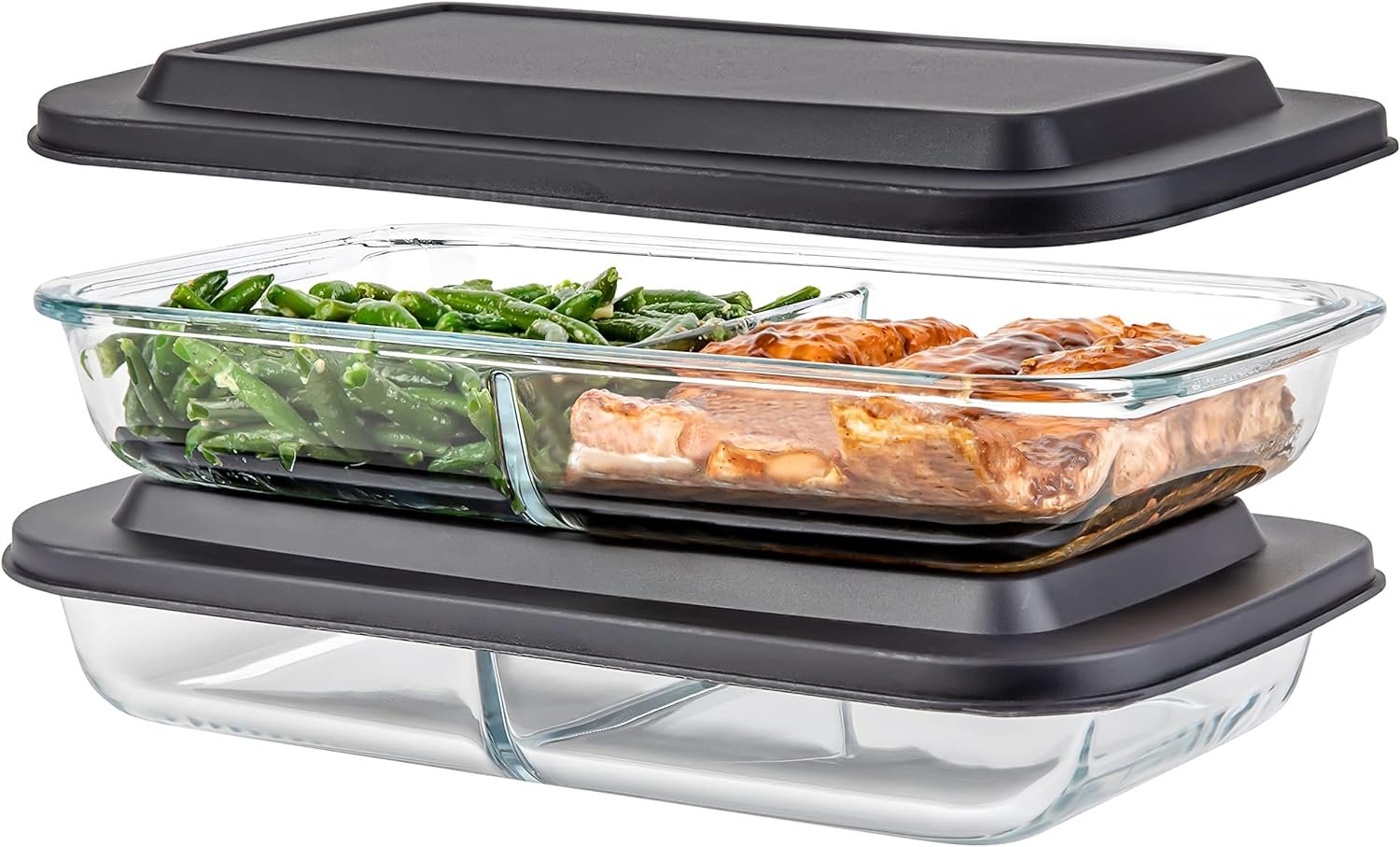 Divided Glass Casserole Baking Dish, Rectangular Bakeware Set 2.3 Qt Each, Oven to Table Clear Glass Lasagna Pan with Divider-2 Pack